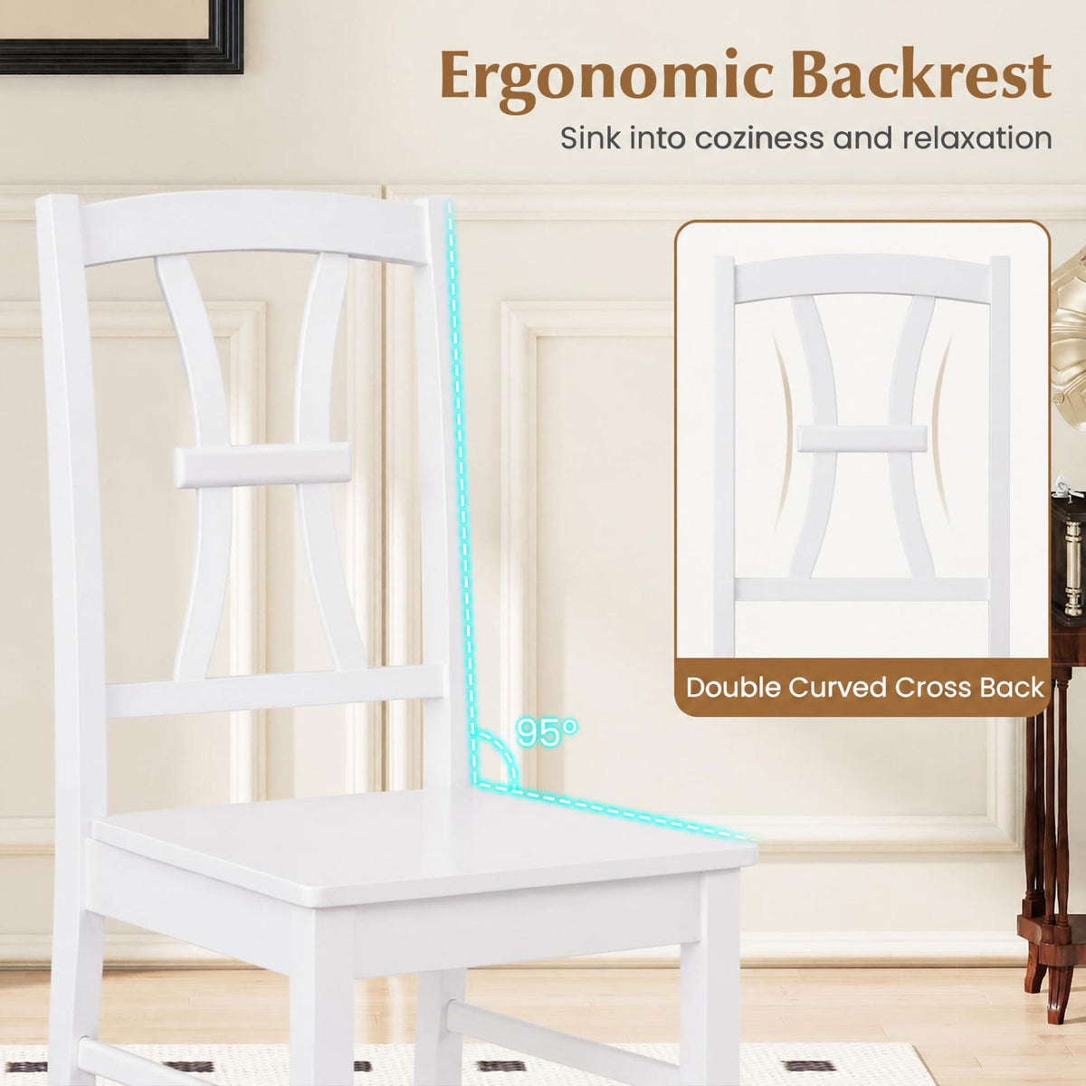 400 lbs Capacity Dining Chair Set of 2 with Cross Backrest and Rubber Wood Frame-White-Dining Chairs-DECOROLALA