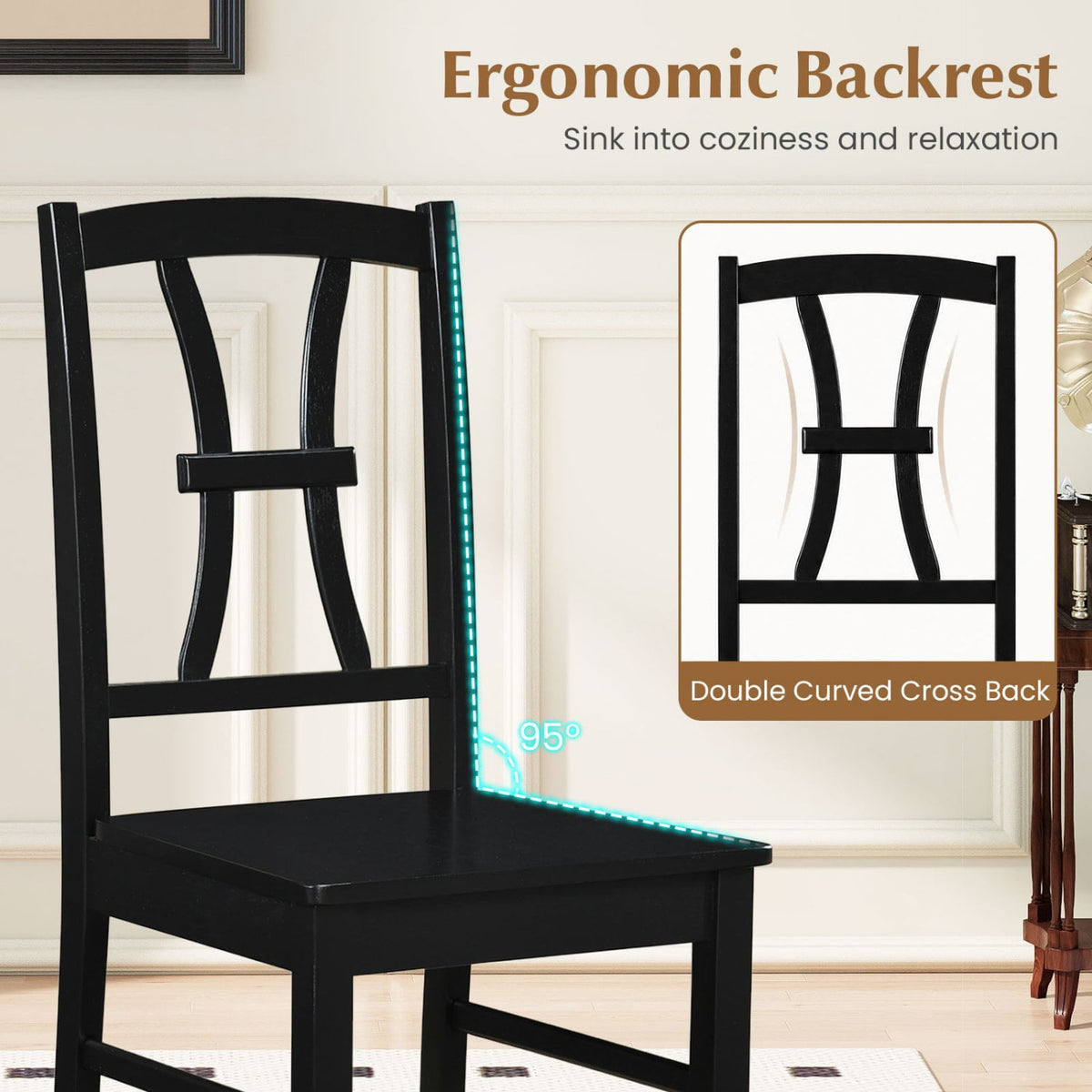400 lbs Capacity Dining Chair Set of 4 with Cross Backrest and Rubber Wood Frame-Black-Dining Chairs-DECOROLALA