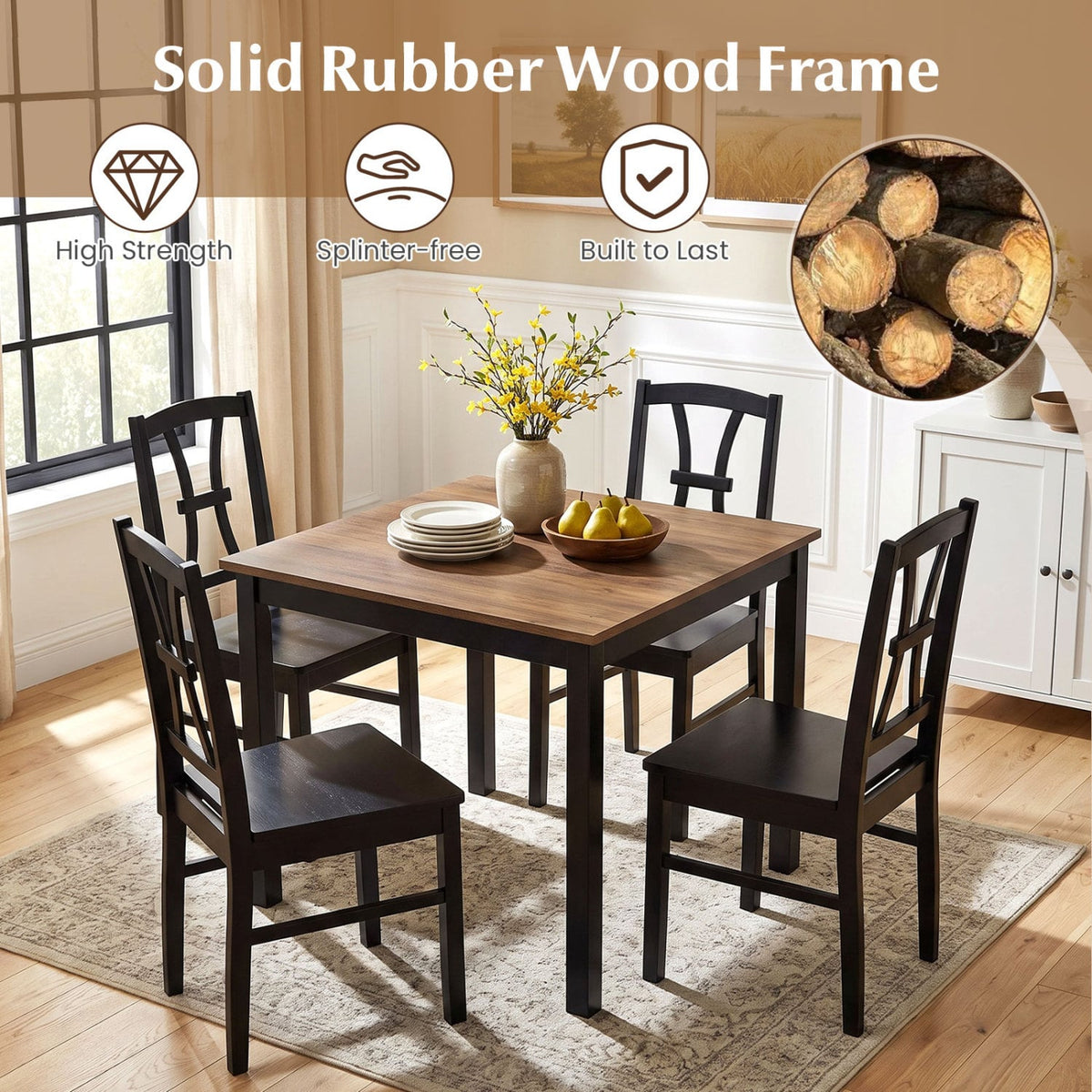 400 lbs Capacity Dining Chair Set of 4 with Cross Backrest and Rubber Wood Frame-Black-Dining Chairs-DECOROLALA