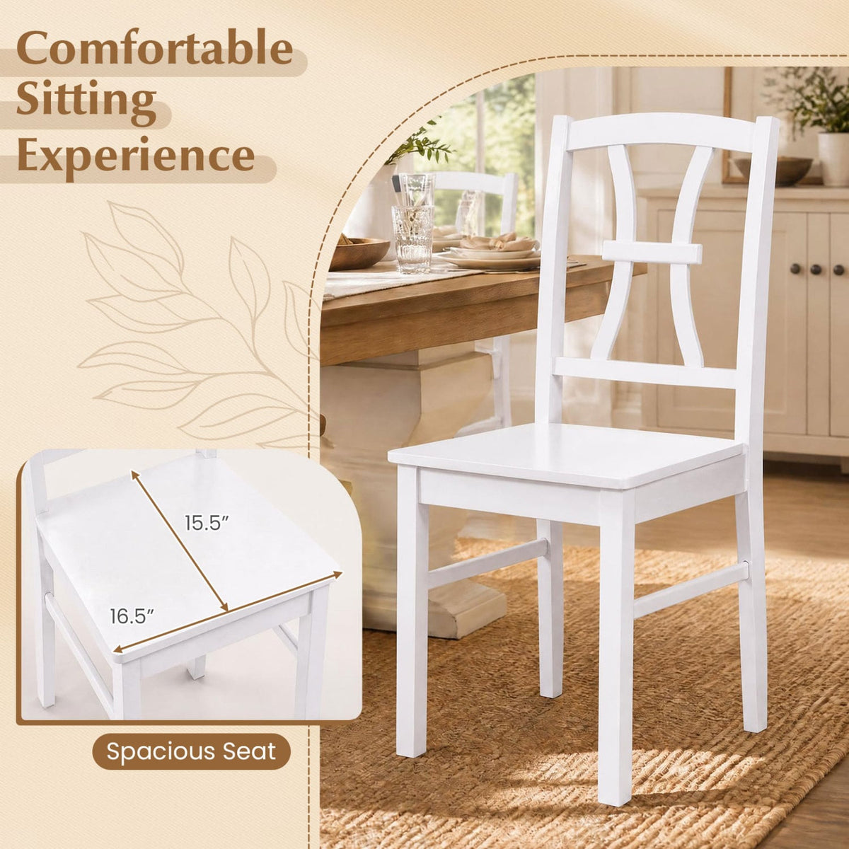 400 lbs Capacity Dining Chair Set of 4 with Cross Backrest and Rubber Wood Frame-White-Dining Chairs-DECOROLALA