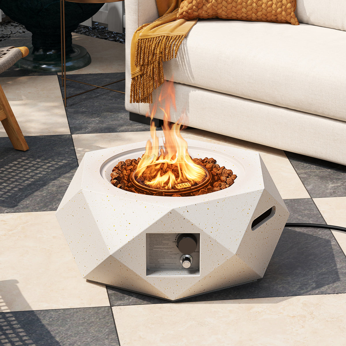 40000 BTU 28 Inch Hexagon Terrazzo Propane Fire Pit Table with Stainless Steel Burner-Fire Pit Tables-DECOROLALA