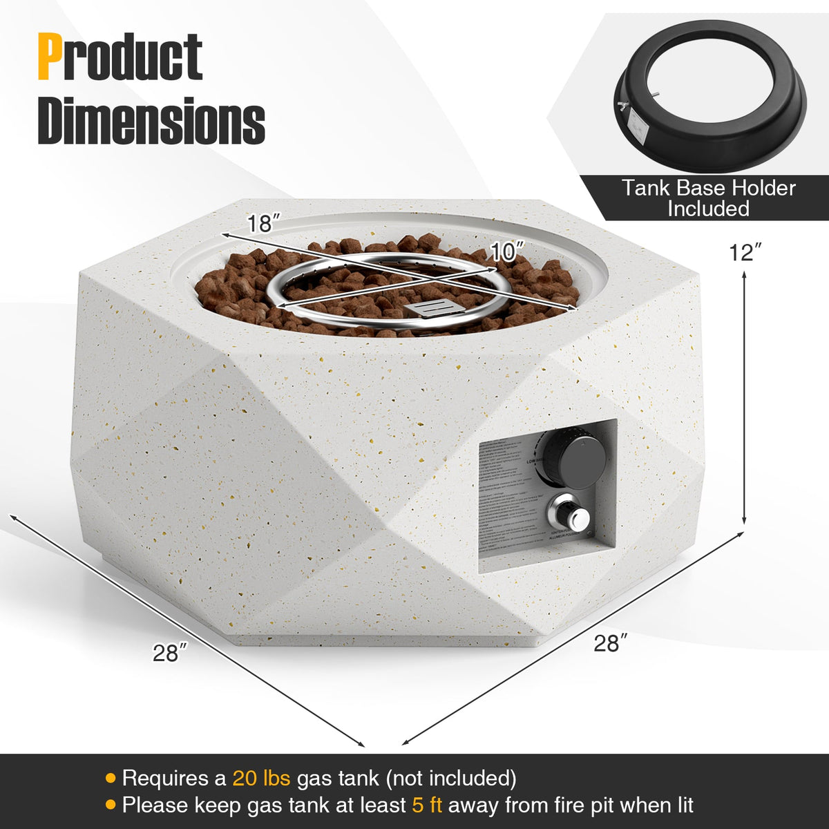 40000 BTU 28 Inch Hexagon Terrazzo Propane Fire Pit Table with Stainless Steel Burner-Fire Pit Tables-DECOROLALA