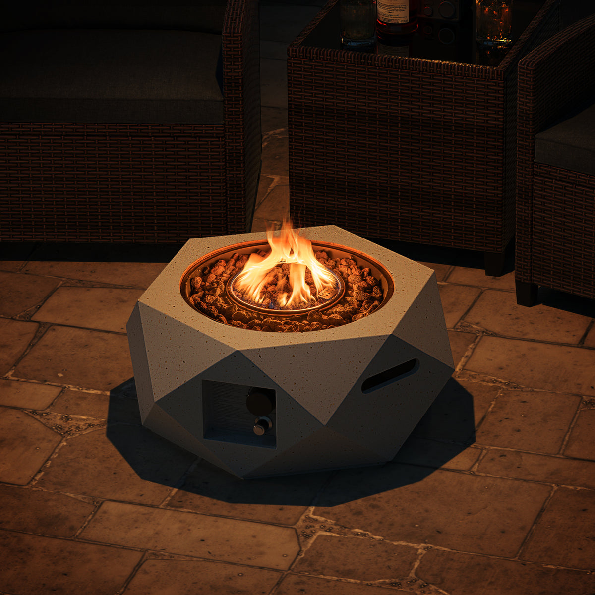40000 BTU 28 Inch Hexagon Terrazzo Propane Fire Pit Table with Stainless Steel Burner-Fire Pit Tables-DECOROLALA