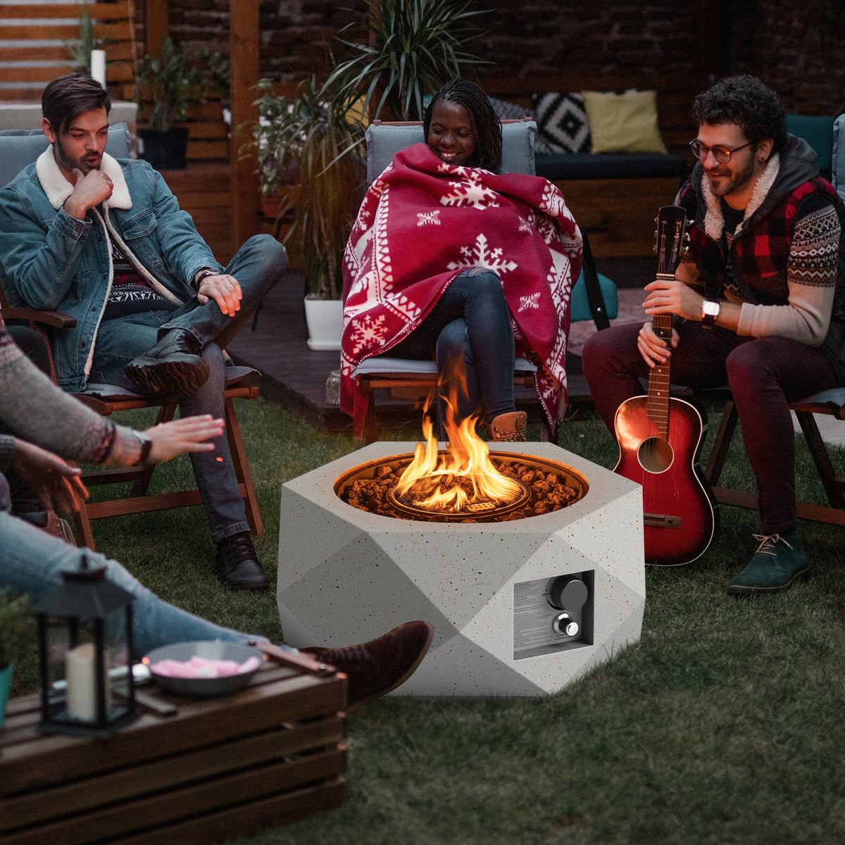 40000 BTU 28 Inch Hexagon Terrazzo Propane Fire Pit Table with Stainless Steel Burner-Fire Pit Tables-DECOROLALA