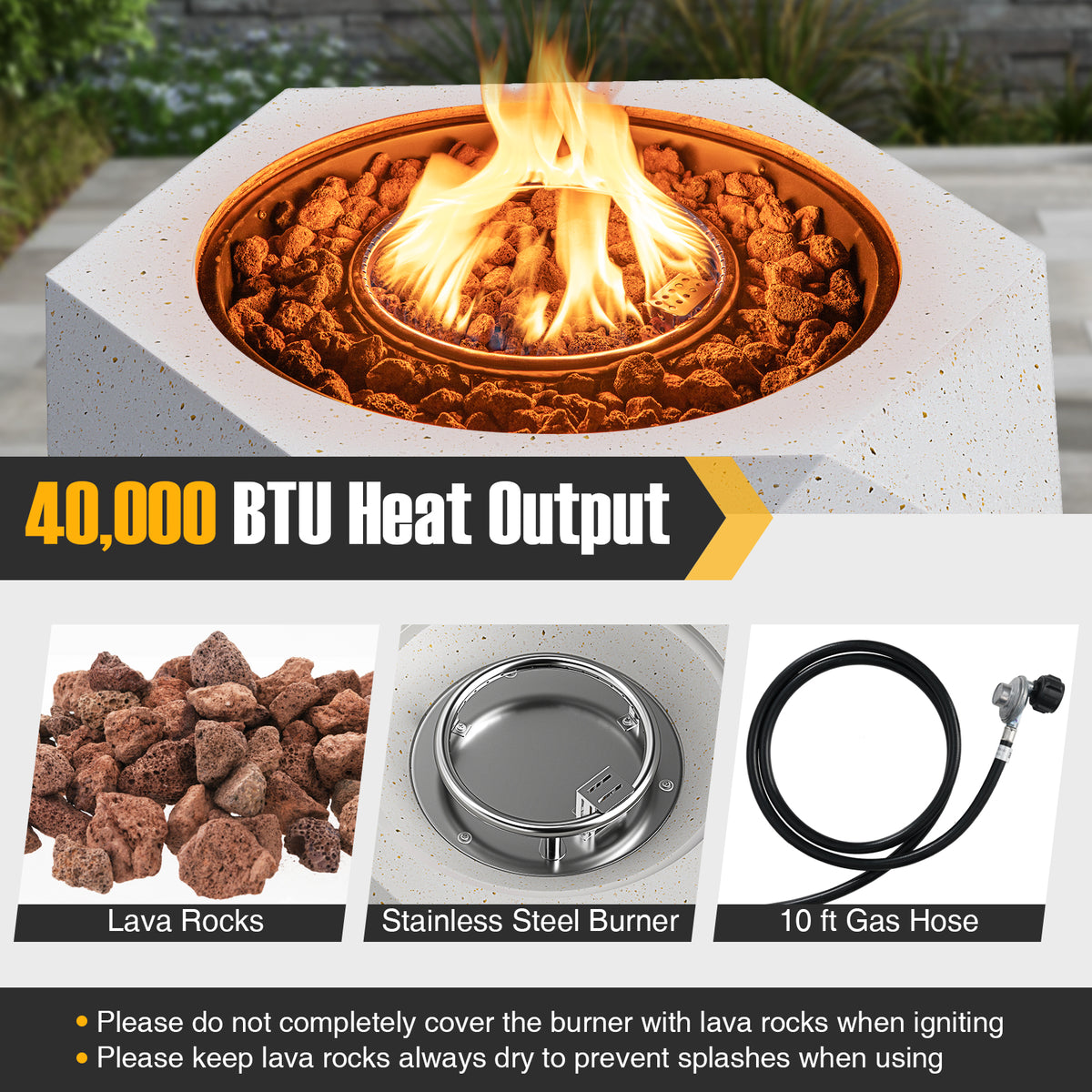 40000 BTU 28 Inch Hexagon Terrazzo Propane Fire Pit Table with Stainless Steel Burner-Fire Pit Tables-DECOROLALA