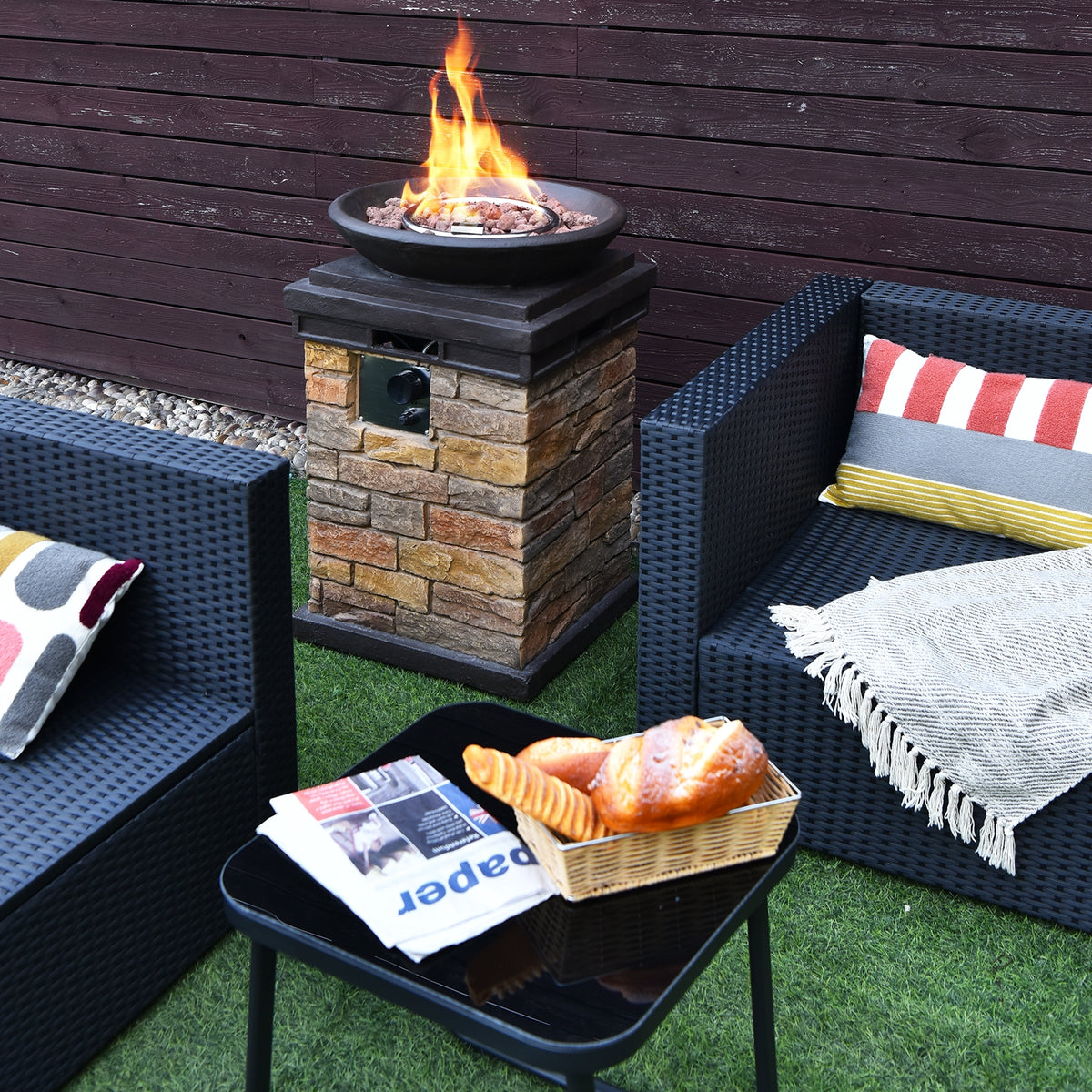 40000BTU Outdoor Propane Burning Fire Bowl Column Realistic Look Firepit Heater-Brown-Fire Pit Tables-DECOROLALA