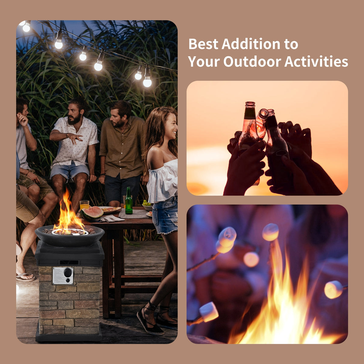 40000BTU Outdoor Propane Burning Fire Bowl Column Realistic Look Firepit Heater-Brown-Fire Pit Tables-DECOROLALA
