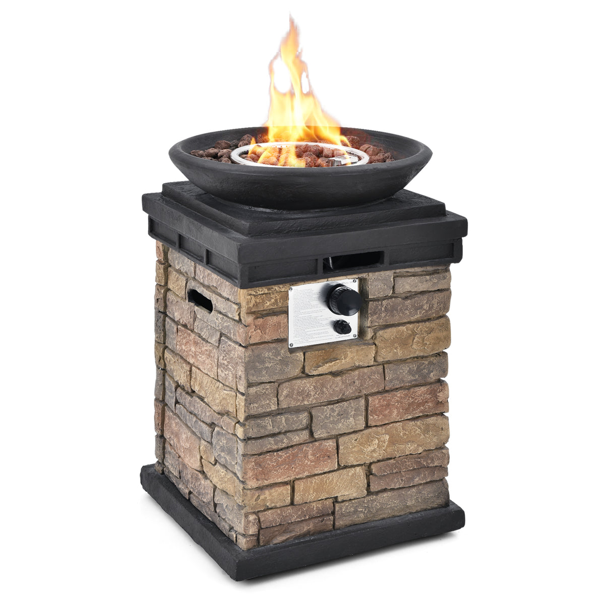 40000BTU Outdoor Propane Burning Fire Bowl Column Realistic Look Firepit Heater-Brown-Fire Pit Tables-DECOROLALA