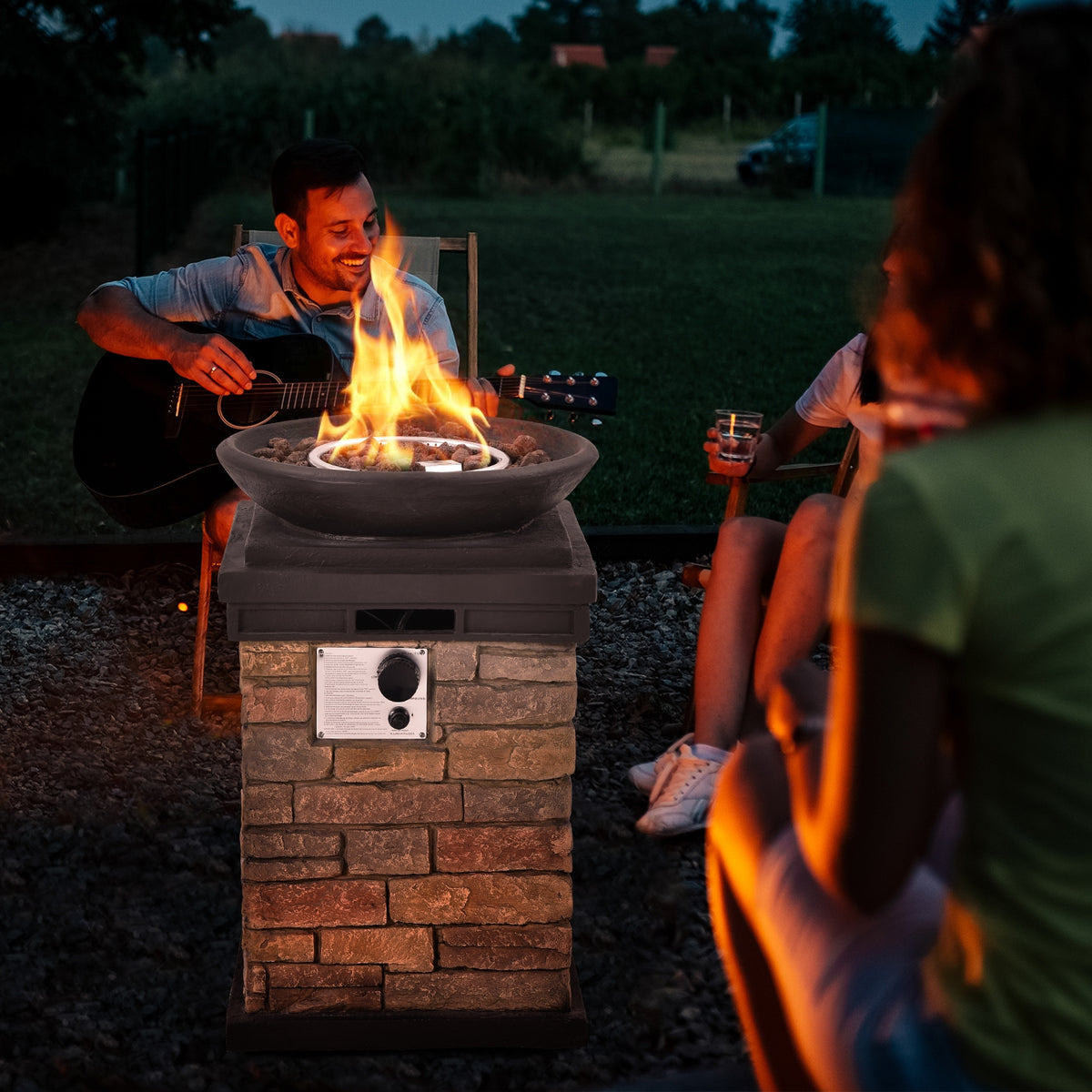 40000BTU Outdoor Propane Burning Fire Bowl Column Realistic Look Firepit Heater-Brown-Fire Pit Tables-DECOROLALA