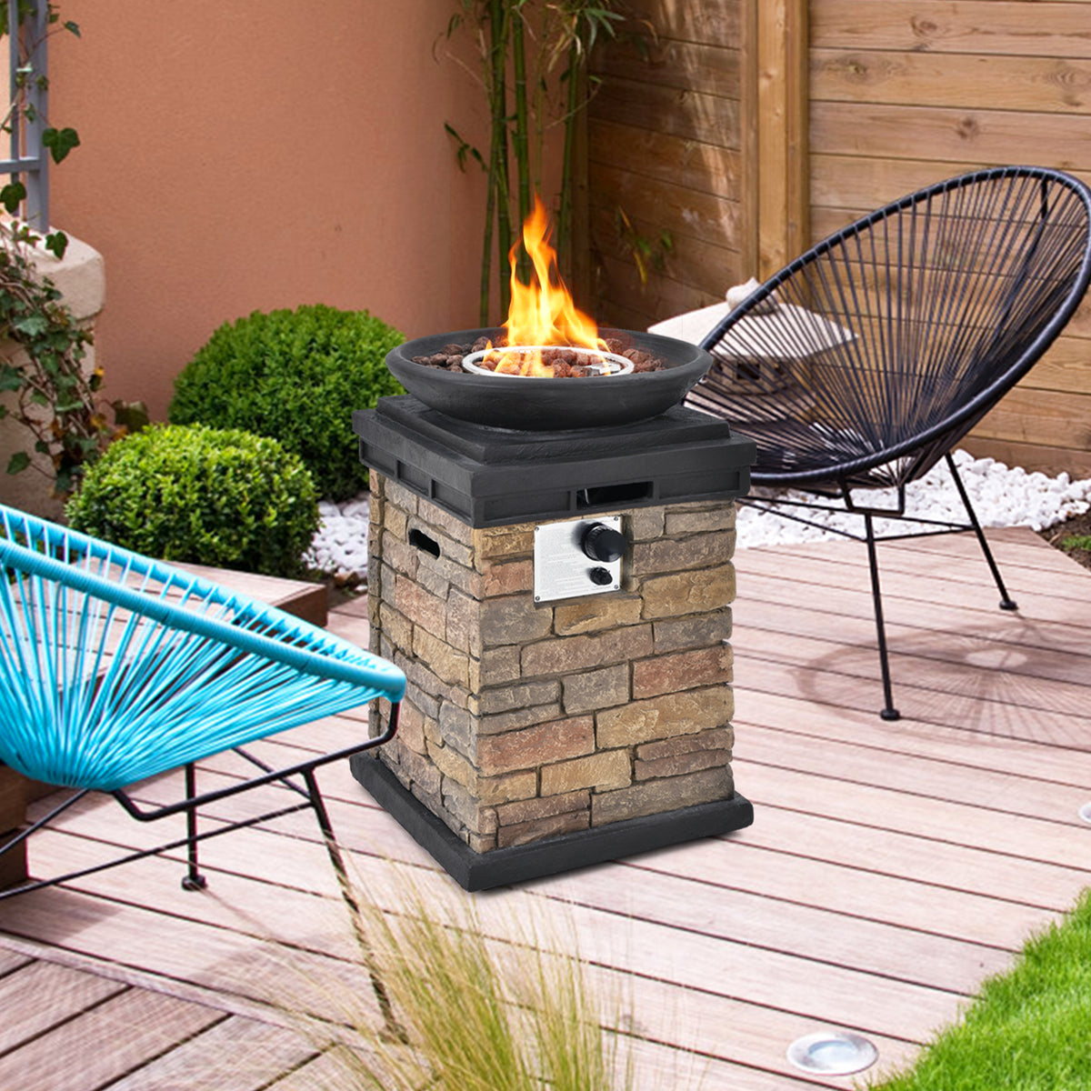 40000BTU Outdoor Propane Burning Fire Bowl Column Realistic Look Firepit Heater-Brown-Fire Pit Tables-DECOROLALA