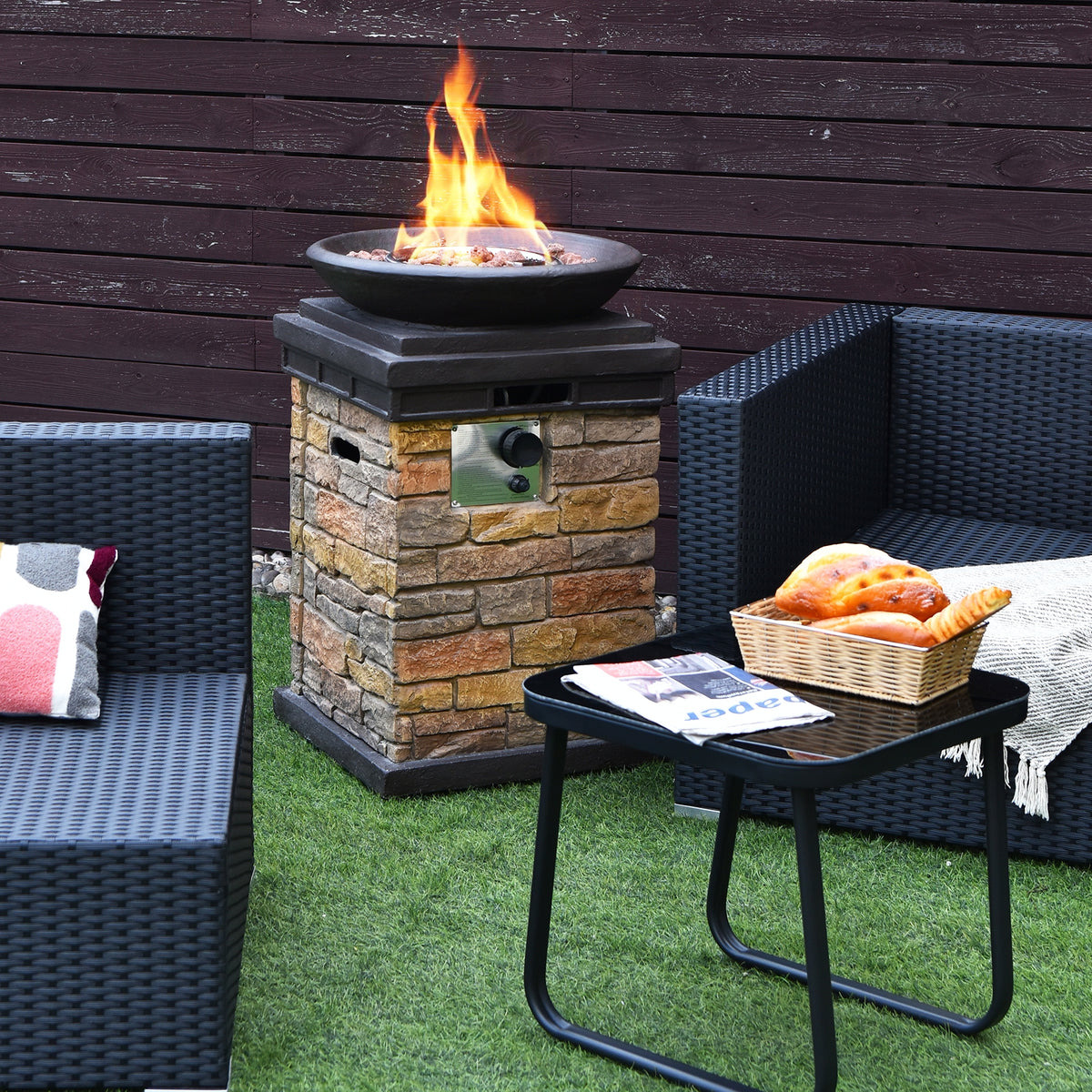 40000BTU Outdoor Propane Burning Fire Bowl Column Realistic Look Firepit Heater-Brown-Fire Pit Tables-DECOROLALA