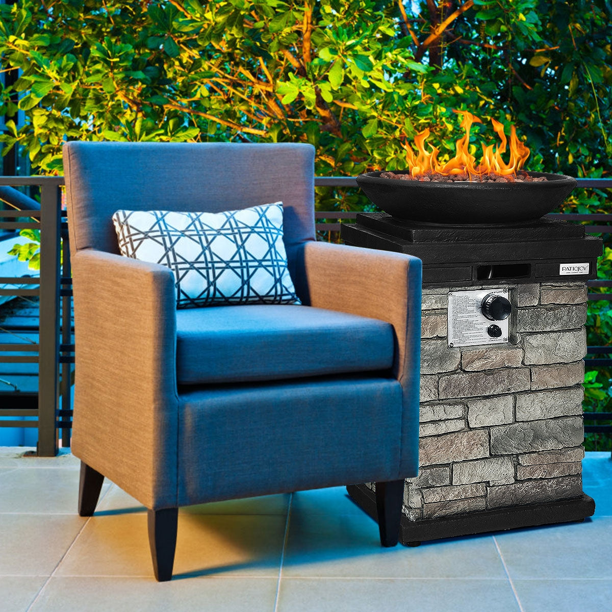 40000BTU Outdoor Propane Burning Fire Bowl Column Realistic Look Firepit Heater-Gray-Fire Pit Tables-DECOROLALA
