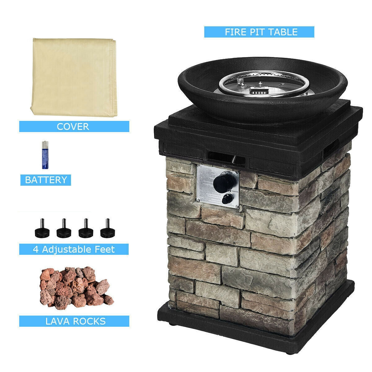 40000BTU Outdoor Propane Burning Fire Bowl Column Realistic Look Firepit Heater-Gray-Fire Pit Tables-DECOROLALA