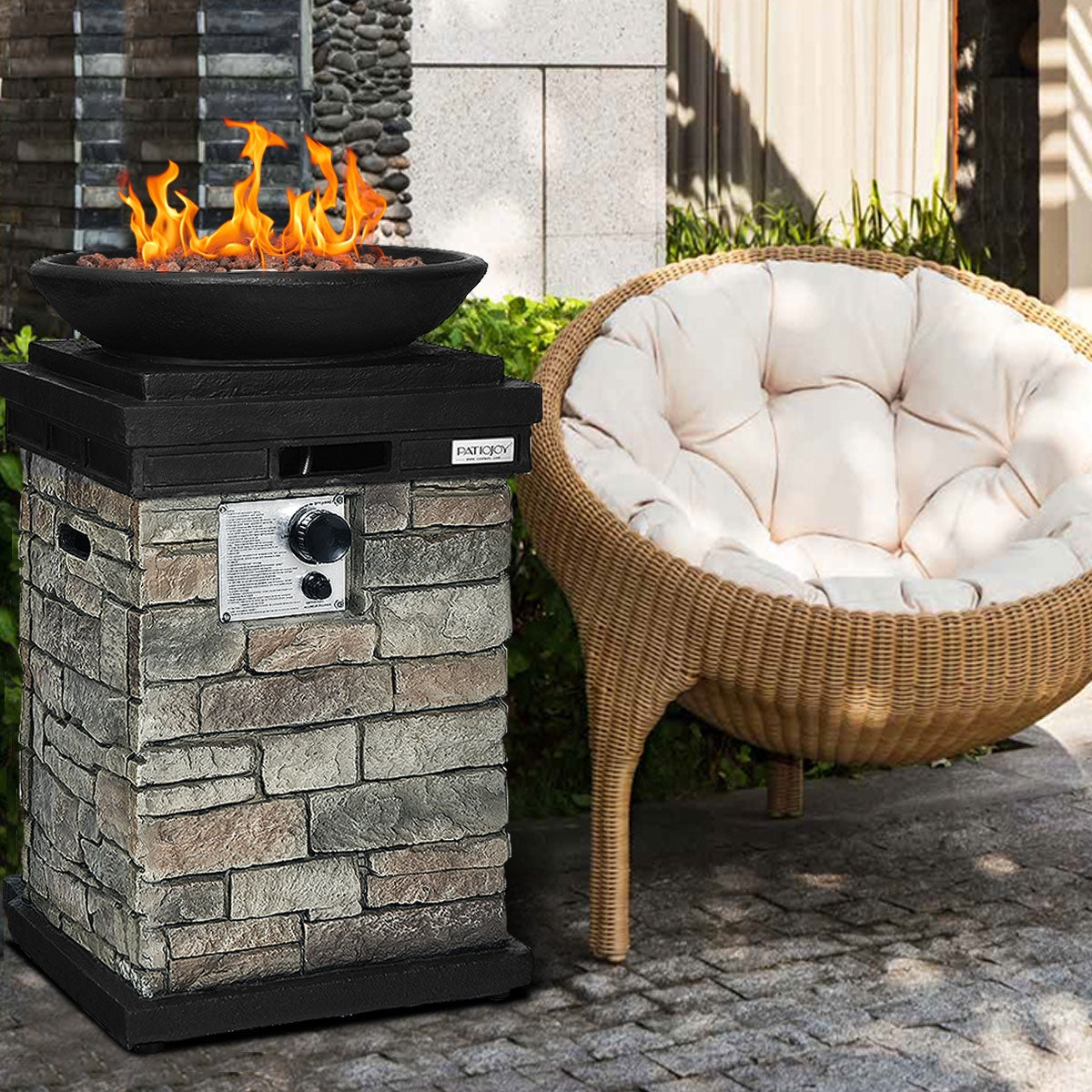 40000BTU Outdoor Propane Burning Fire Bowl Column Realistic Look Firepit Heater-Gray-Fire Pit Tables-DECOROLALA