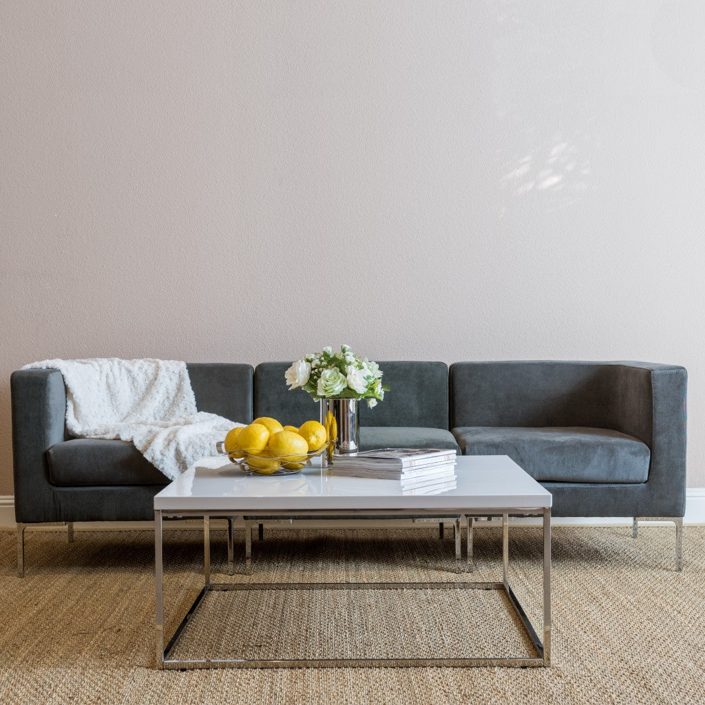 35" White and Silver Wood And Metal Square Frame Coffee Table-Coffee Tables-DECOROLALA