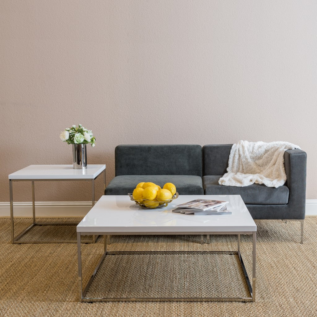 35" White and Silver Wood And Metal Square Frame Coffee Table-Coffee Tables-DECOROLALA