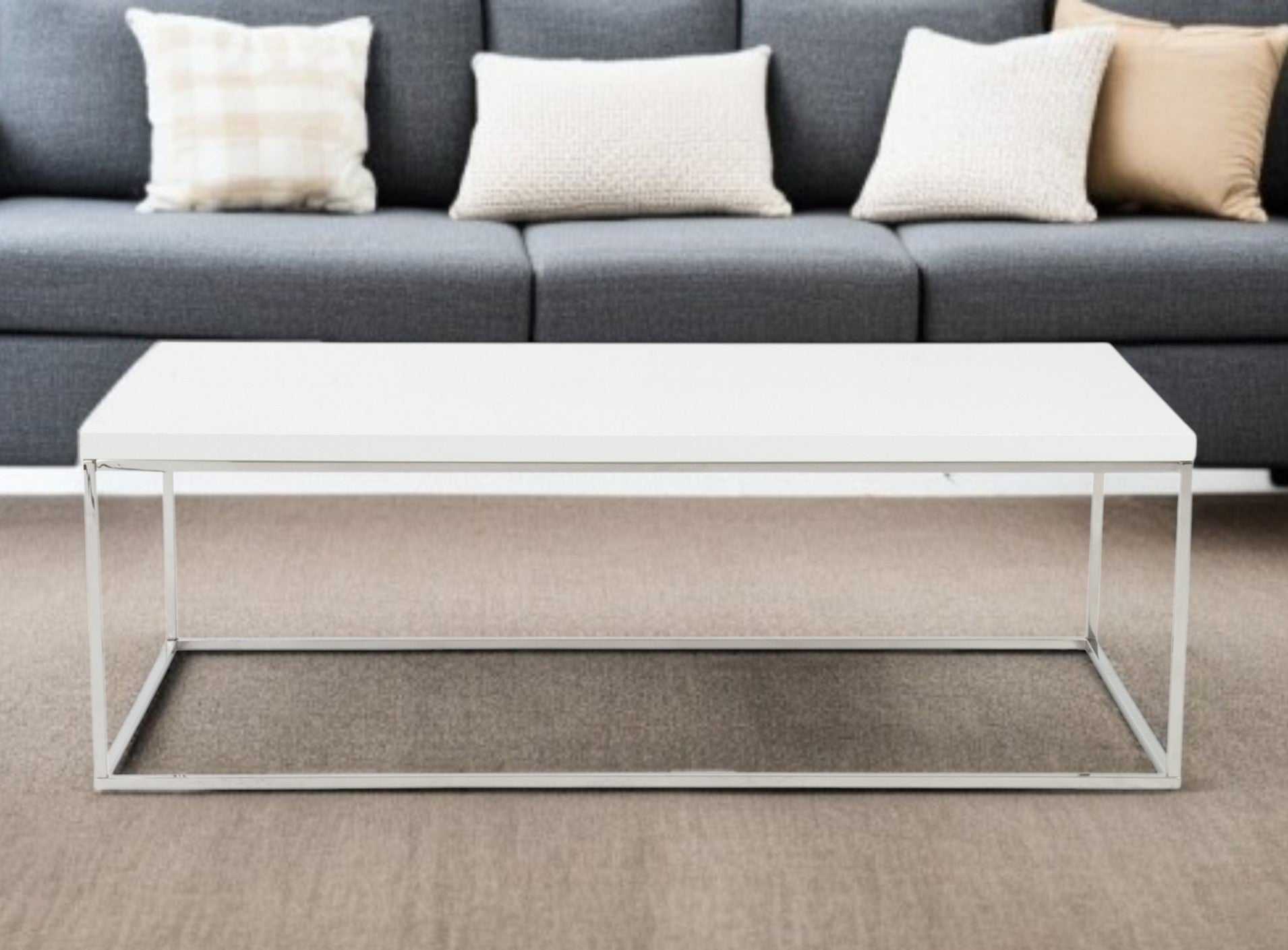47" White and Silver Wood And Metal Frame Coffee Table-Coffee Tables-DECOROLALA