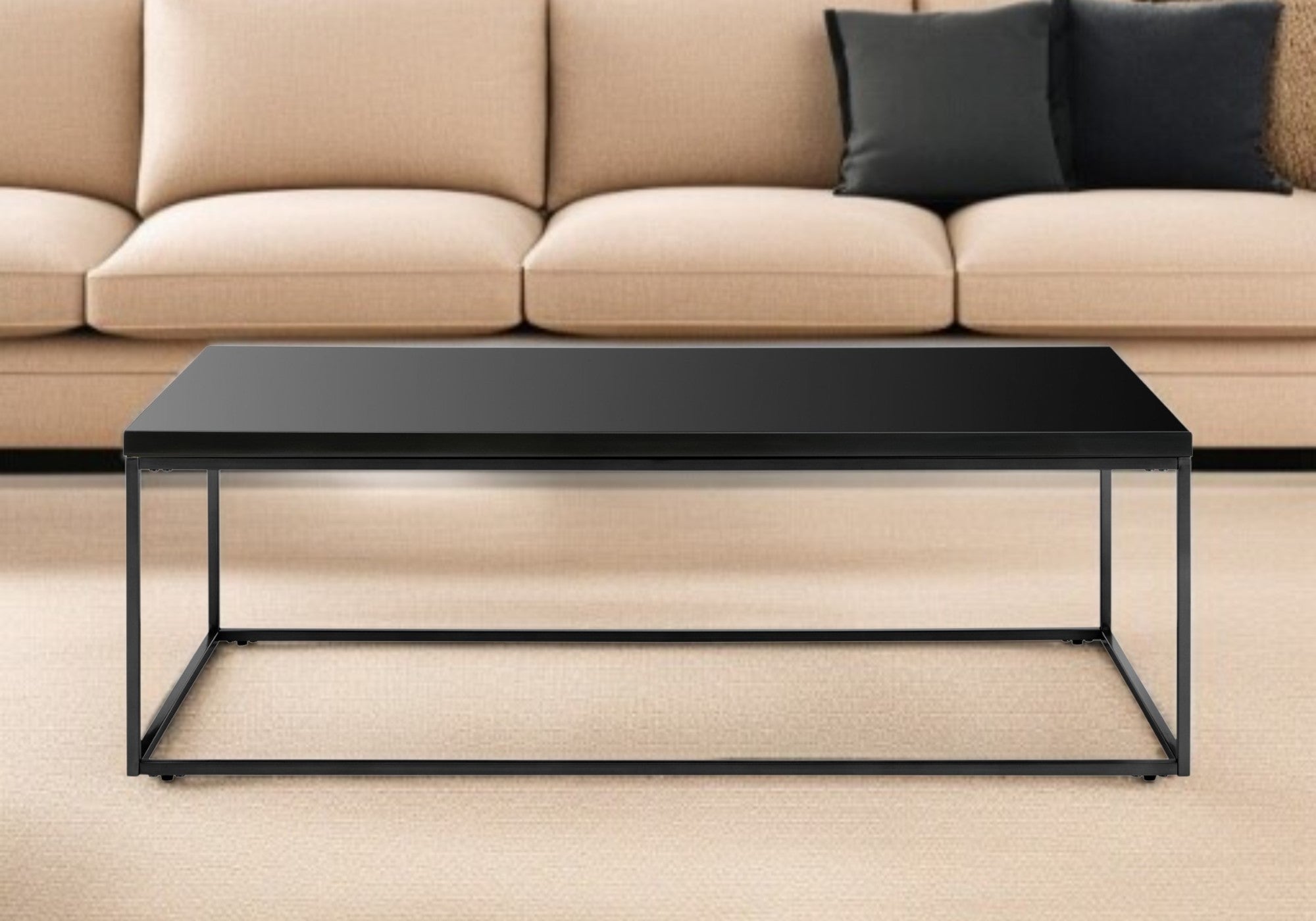 47" Black Wood And Metal Frame Coffee Table-Coffee Tables-DECOROLALA