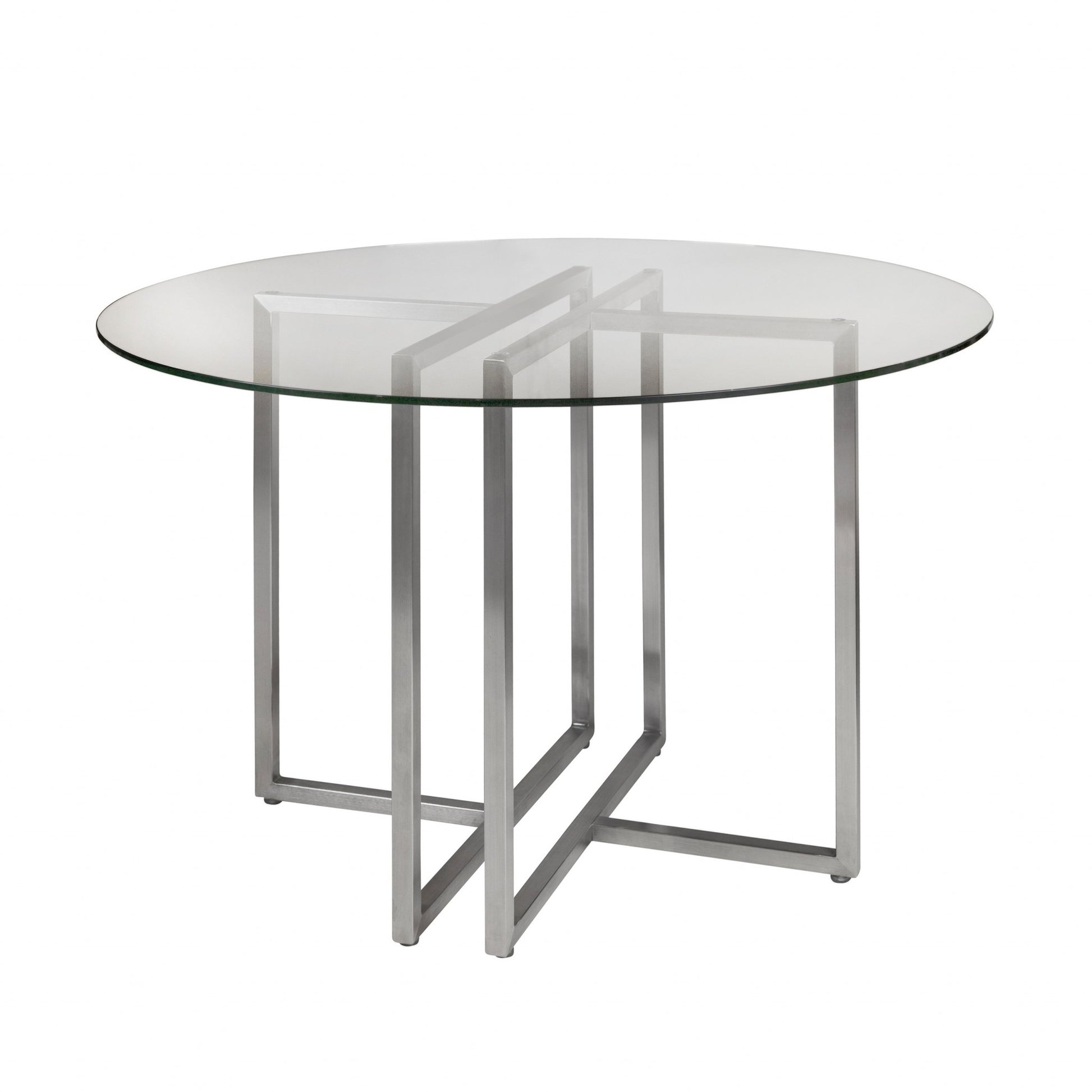 42" Clear And Silver Rounded Glass And Metal Trestle Base Dining Table-Dining Tables-DECOROLALA