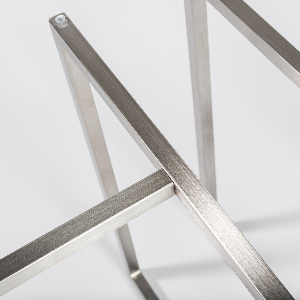 42" Clear And Silver Rounded Glass And Metal Trestle Base Dining Table-Dining Tables-DECOROLALA