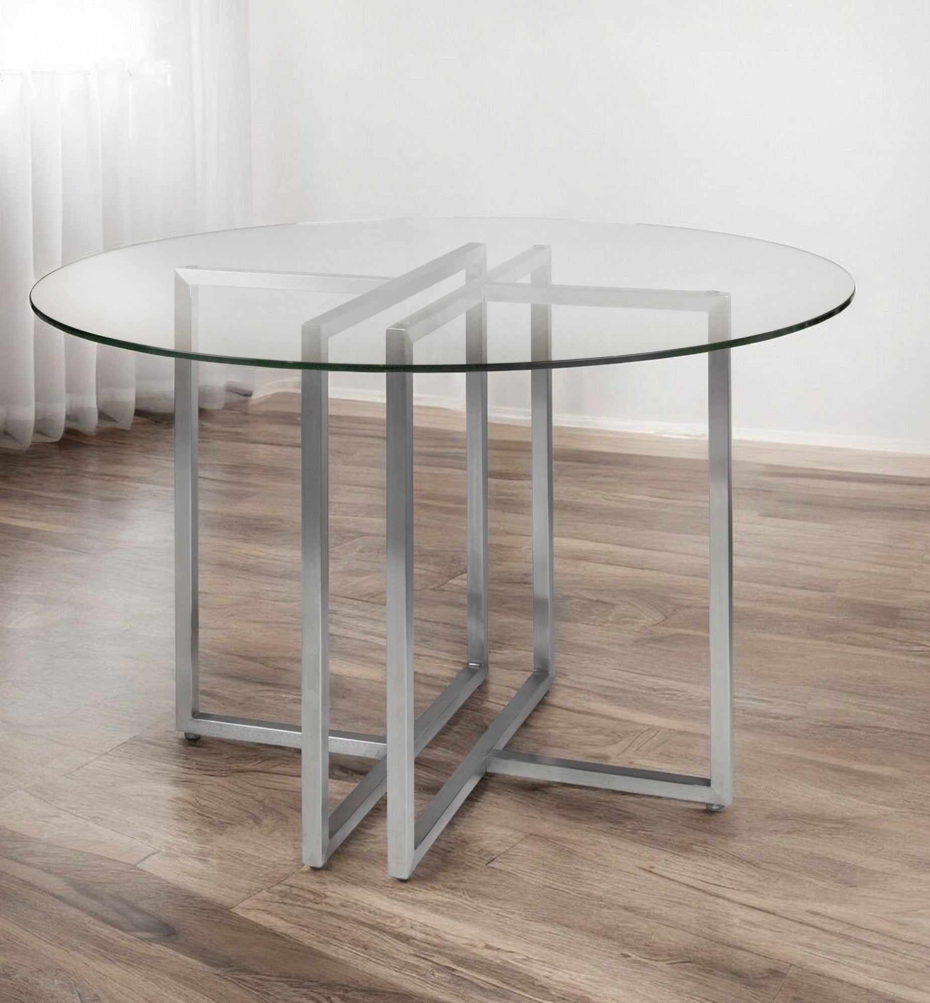 42" Clear And Silver Rounded Glass And Metal Trestle Base Dining Table-Dining Tables-DECOROLALA