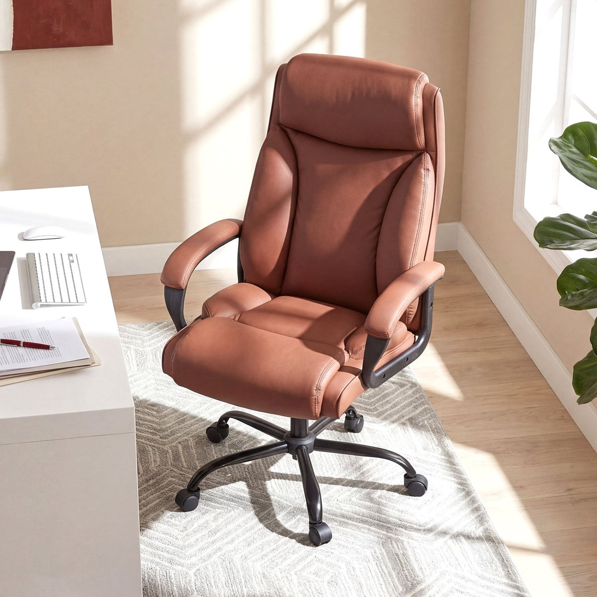 400LBS Big and Tall Chair High Back Executive Chair Ergonomic Leather Computer Chair-Brown-Big & Tall Office Chairs-DECOROLALA