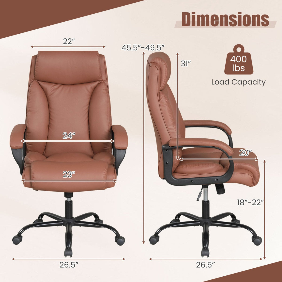400LBS Big and Tall Chair High Back Executive Chair Ergonomic Leather Computer Chair-Brown-Big & Tall Office Chairs-DECOROLALA