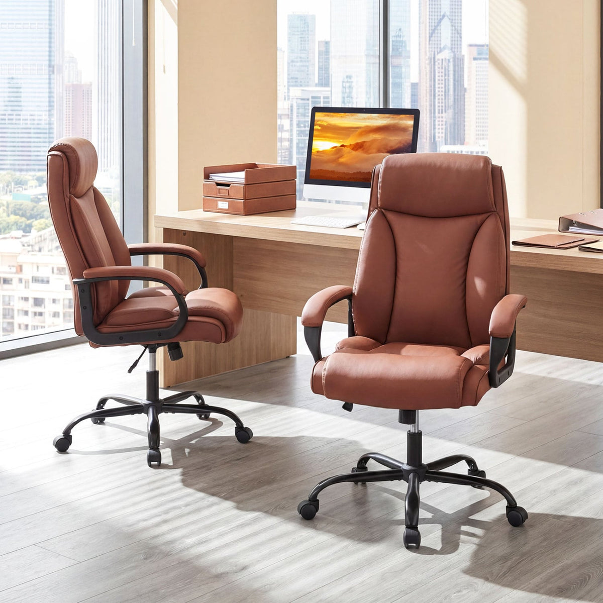 400LBS Big and Tall Chair High Back Executive Chair Ergonomic Leather Computer Chair-Brown-Big & Tall Office Chairs-DECOROLALA