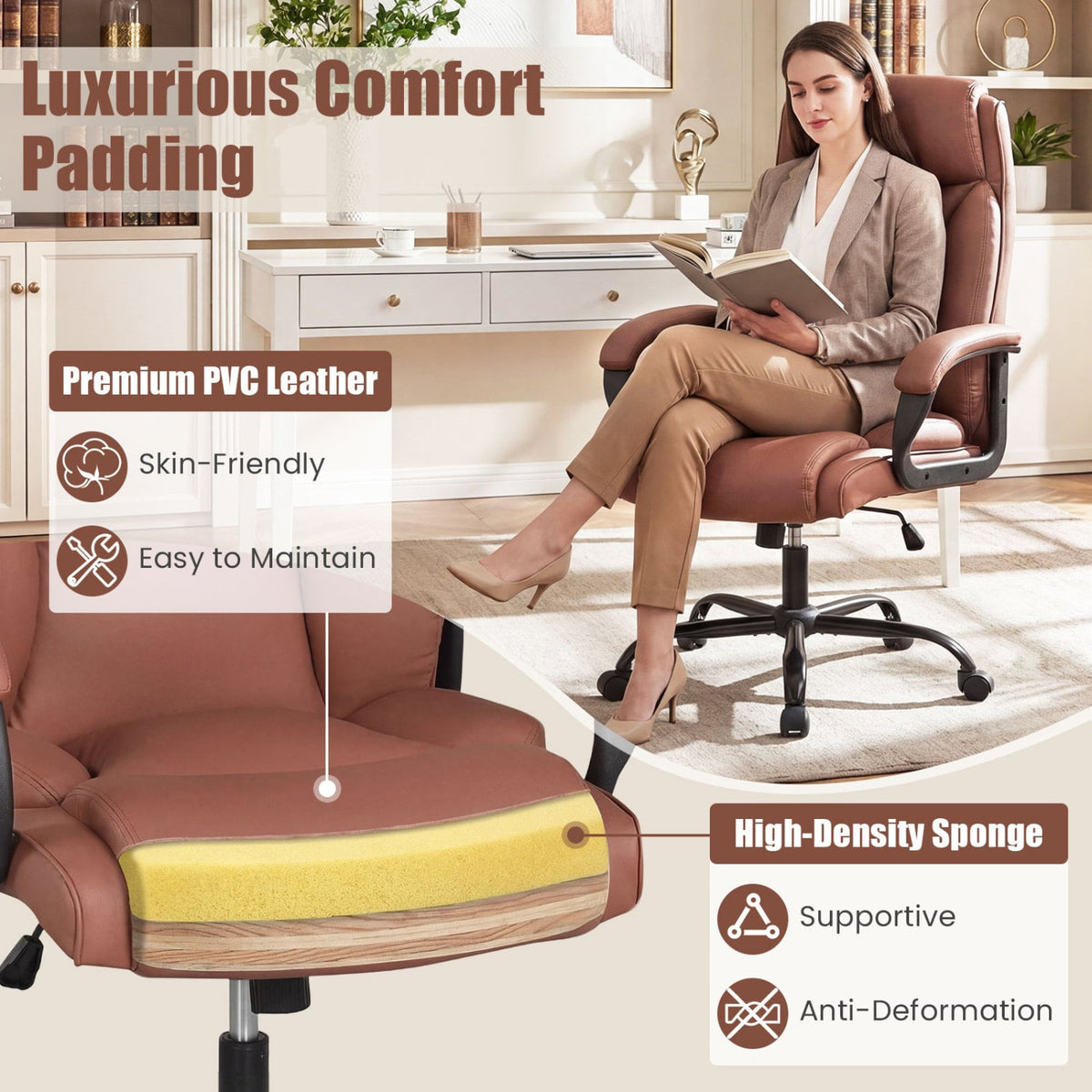400LBS Big and Tall Chair High Back Executive Chair Ergonomic Leather Computer Chair-Brown-Big & Tall Office Chairs-DECOROLALA