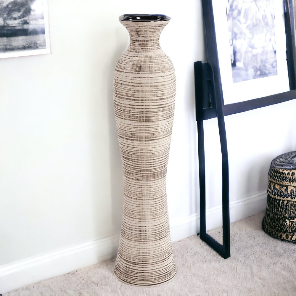 31" Beige And Brown Striped Bud Ceramic Floor Vase-Vases-DECOROLALA