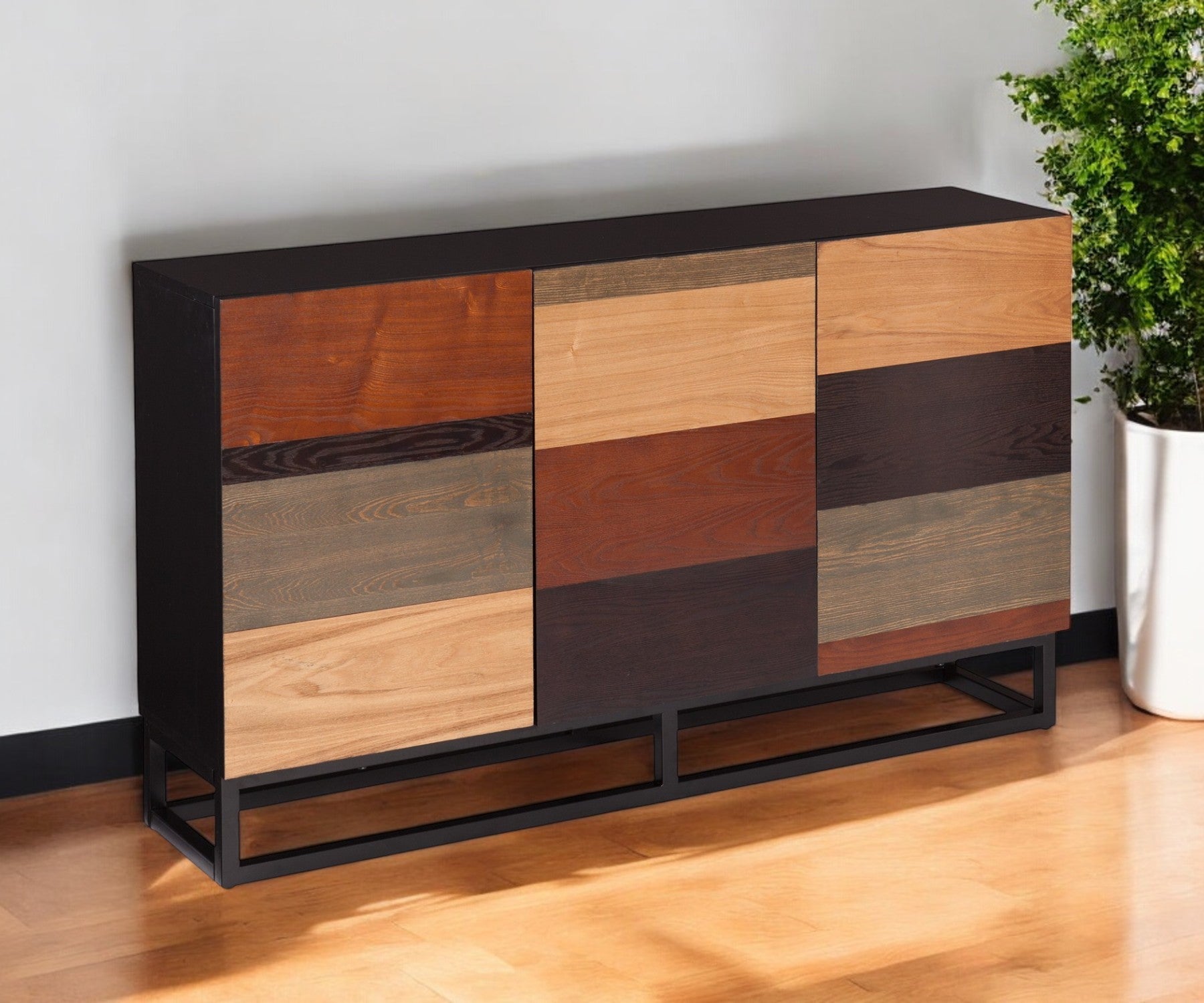 52" Brown Gray And Black Patch Three Door Sideboard Cabinet-Sideboards-DECOROLALA