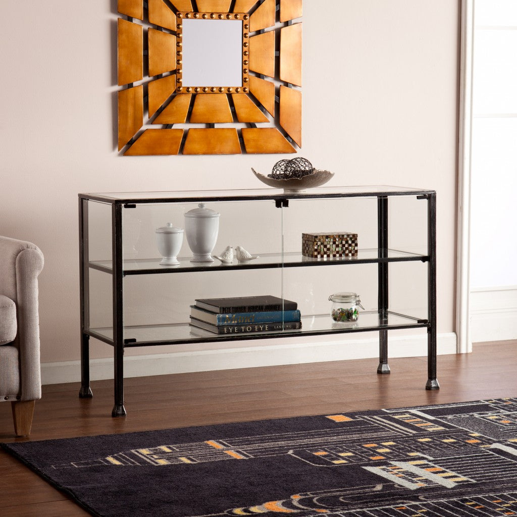 Rustic Black and Glass Double Door Cabinet-Sideboards-DECOROLALA