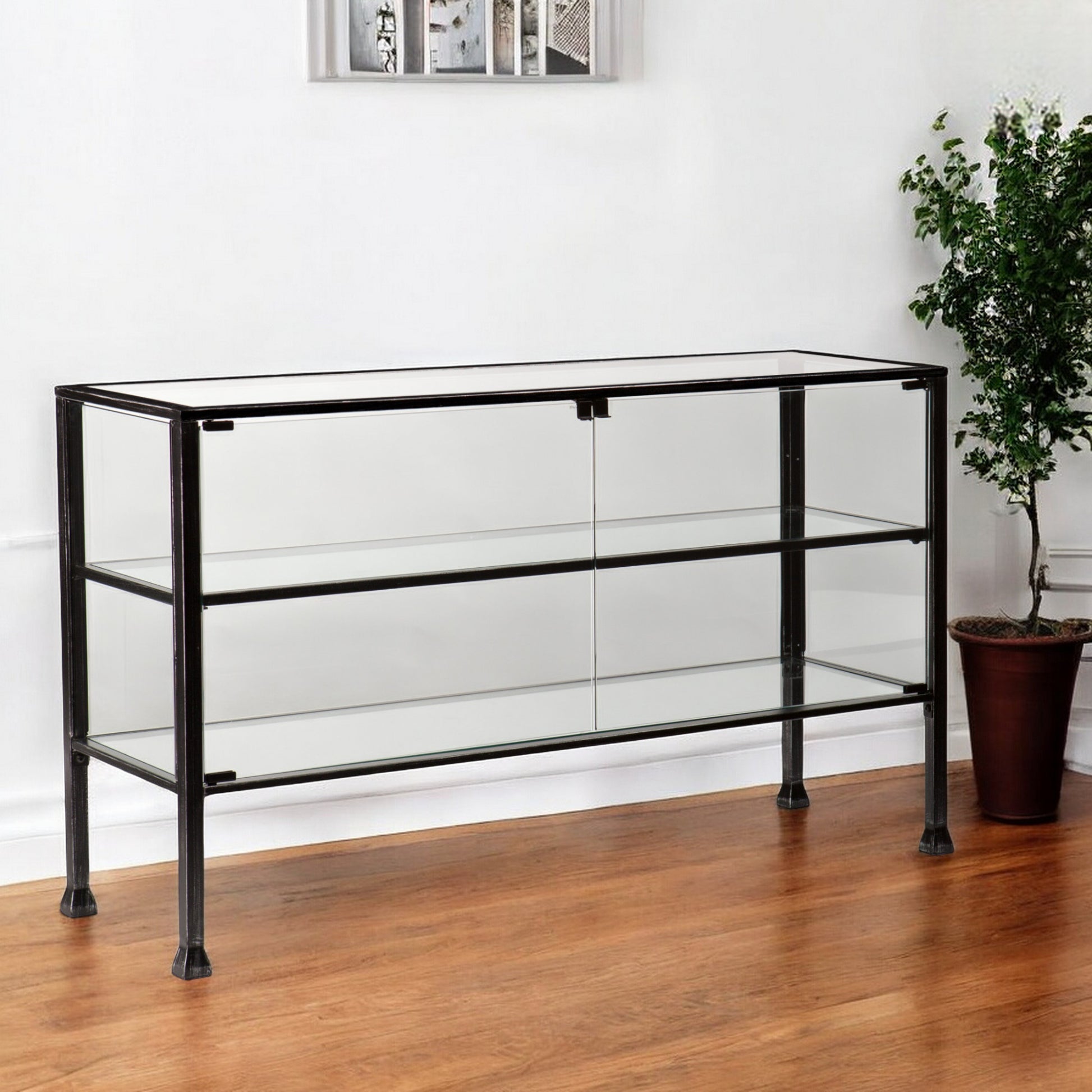 Rustic Black and Glass Double Door Cabinet-Sideboards-DECOROLALA