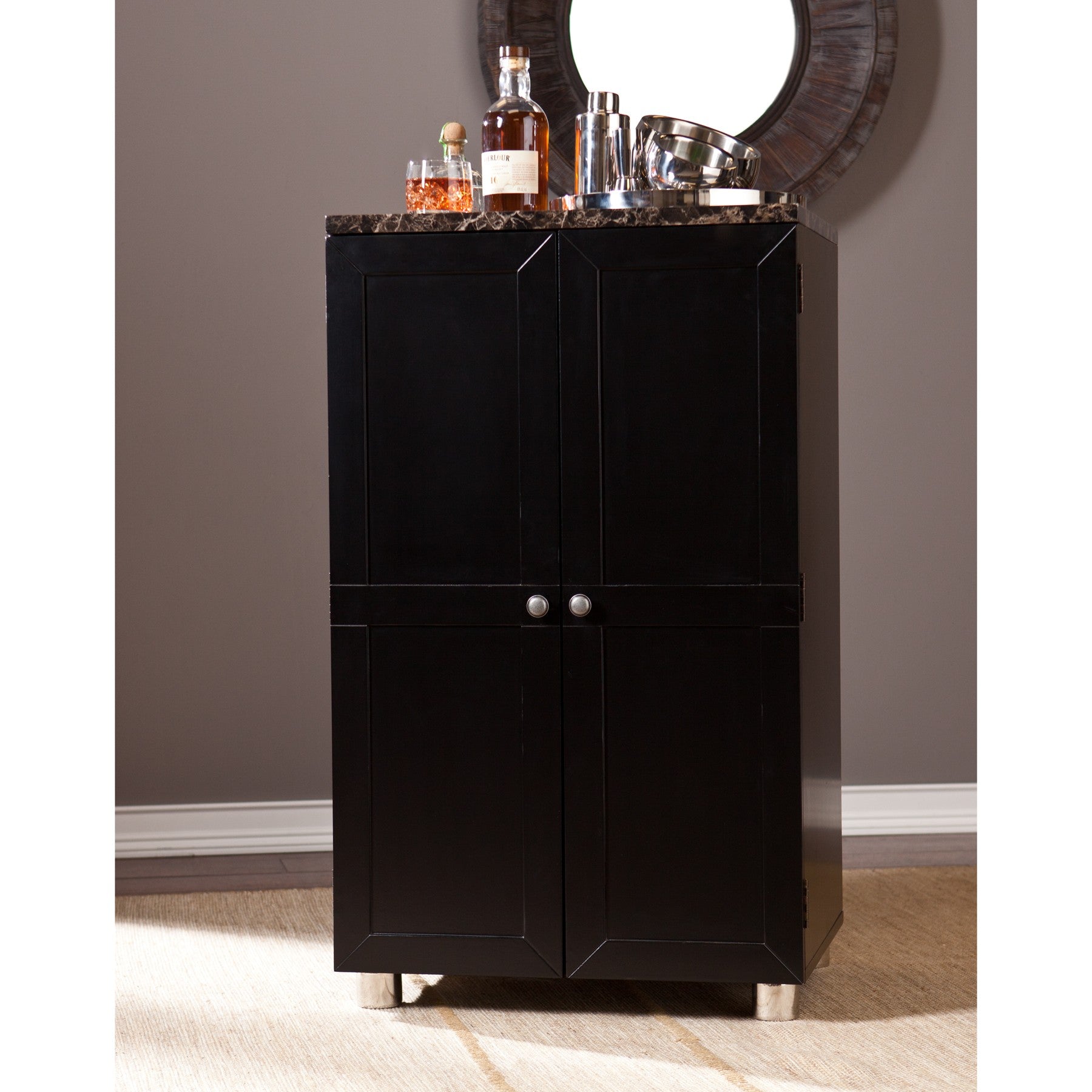 Metro Black Wood and Marble Bar Cabinet-Sideboards-DECOROLALA