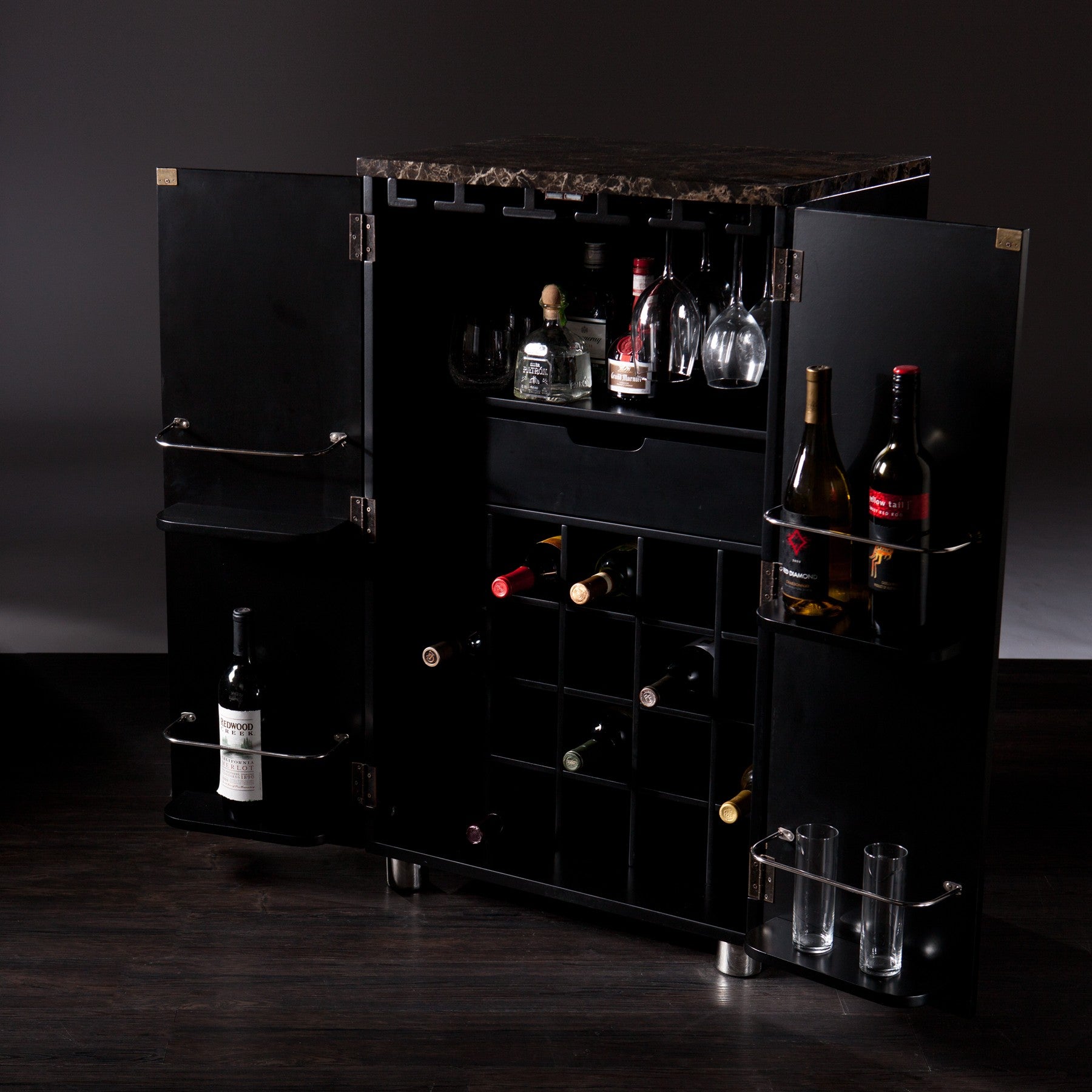 Metro Black Wood and Marble Bar Cabinet-Sideboards-DECOROLALA