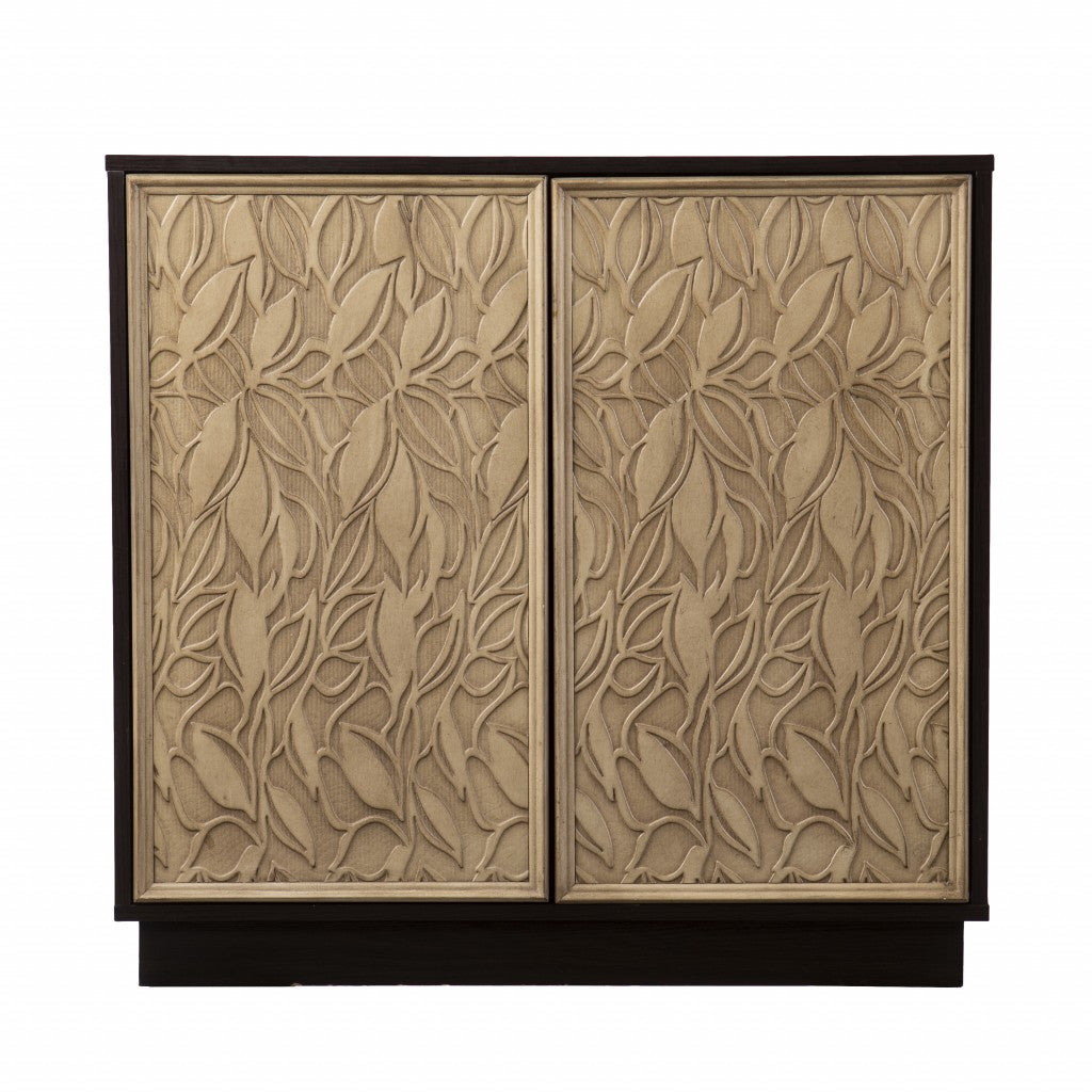 32" Dark Brown And Natural Carved Floral Sideboard with Two Doors-Sideboards-DECOROLALA