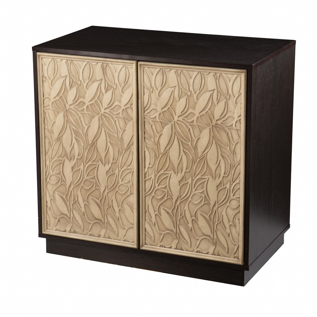 32" Dark Brown And Natural Carved Floral Sideboard with Two Doors-Sideboards-DECOROLALA