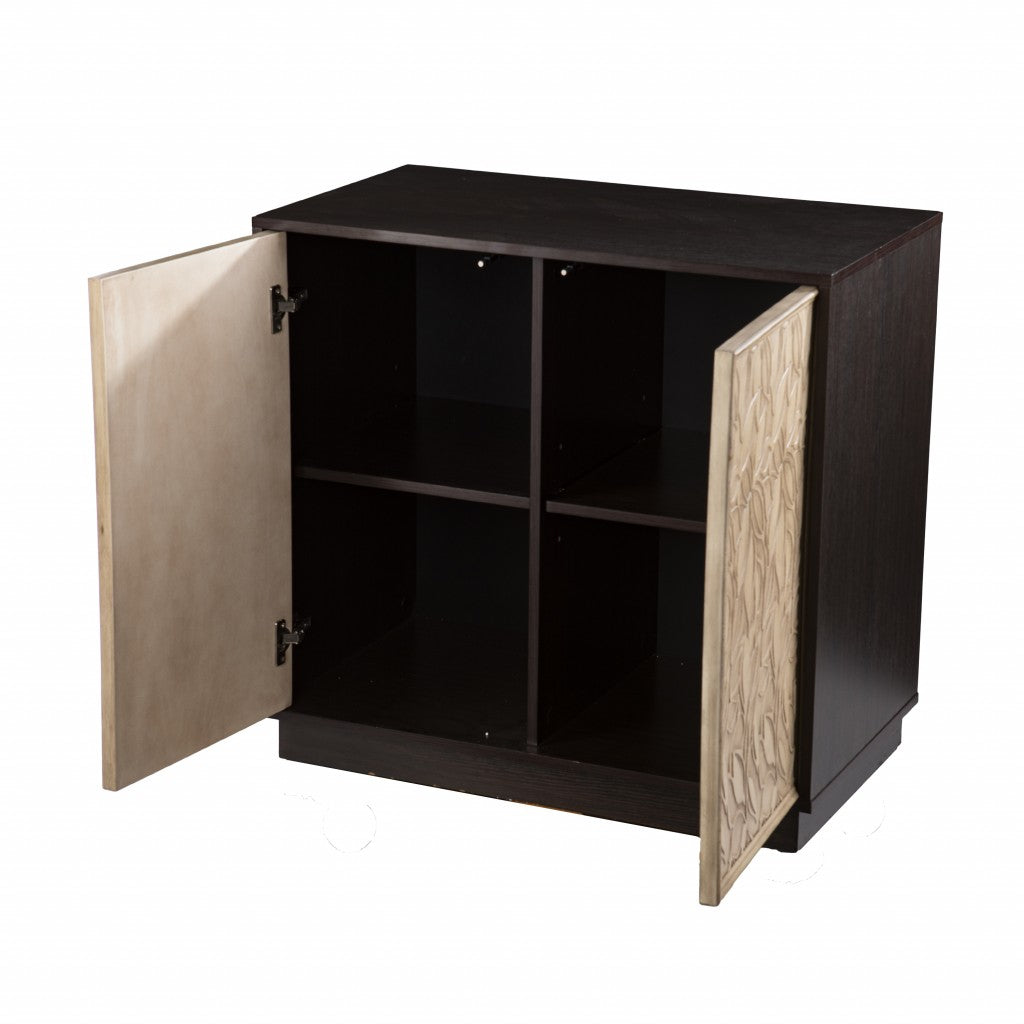32" Dark Brown And Natural Carved Floral Sideboard with Two Doors-Sideboards-DECOROLALA