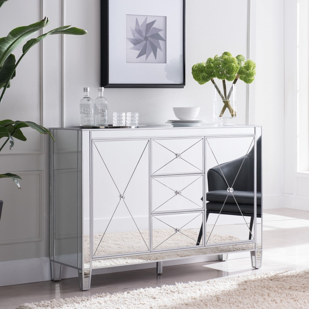 50" Silver Wood and Glass Three Drawer Credenza with Two Doors-Sideboards-DECOROLALA
