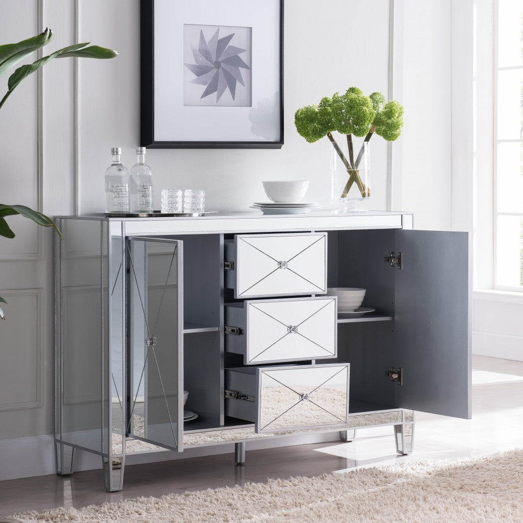 50" Silver Wood and Glass Three Drawer Credenza with Two Doors-Sideboards-DECOROLALA