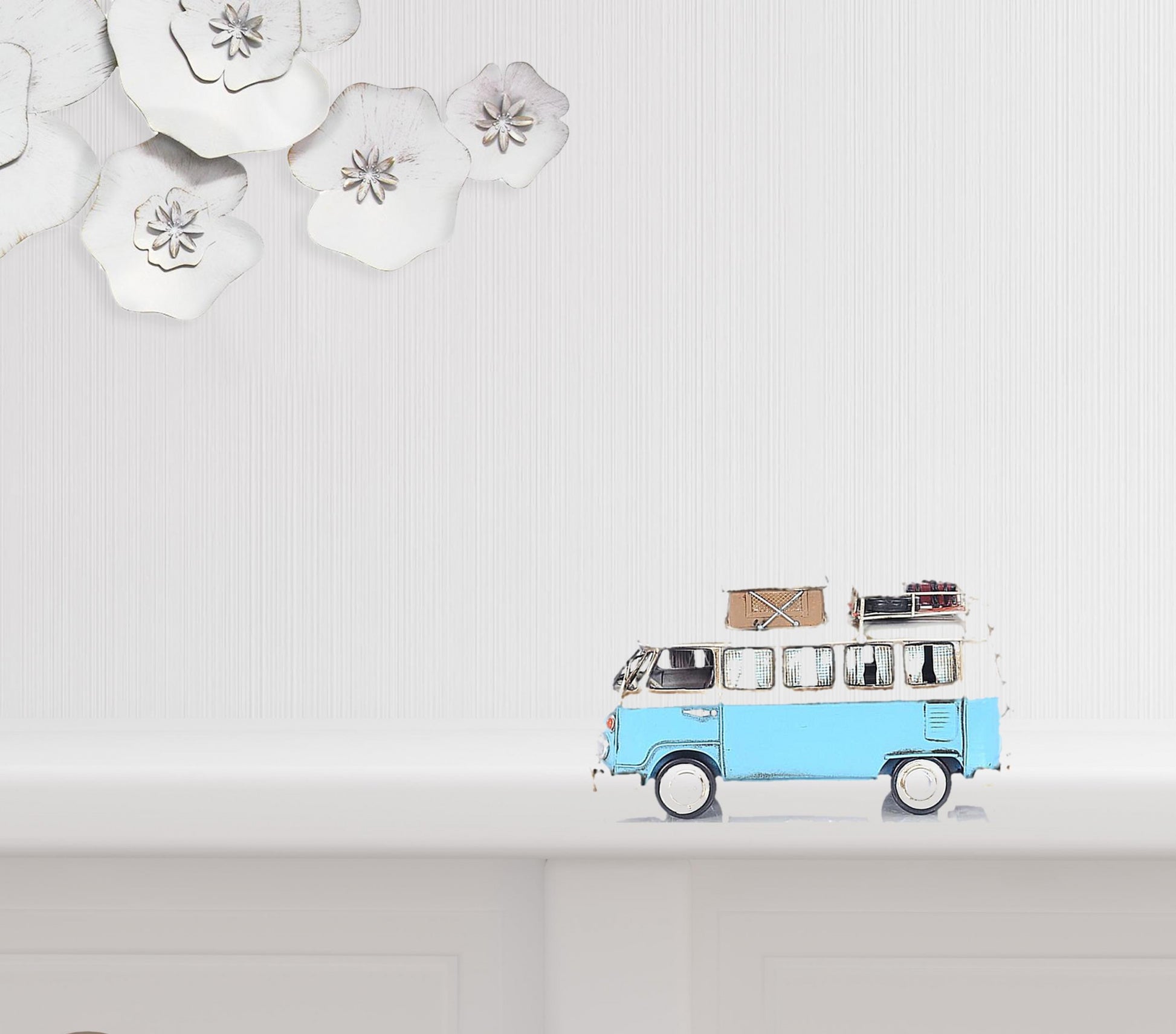 6" Blue And White Metal Volkswagen Bus Sculpture-Sculptures-DECOROLALA