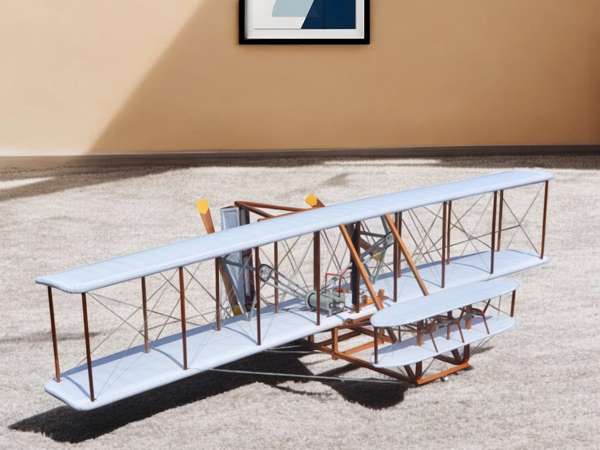 24" Brown and White Solid Wood Hand Painted Model Airplane Tabletop Sculpture-0