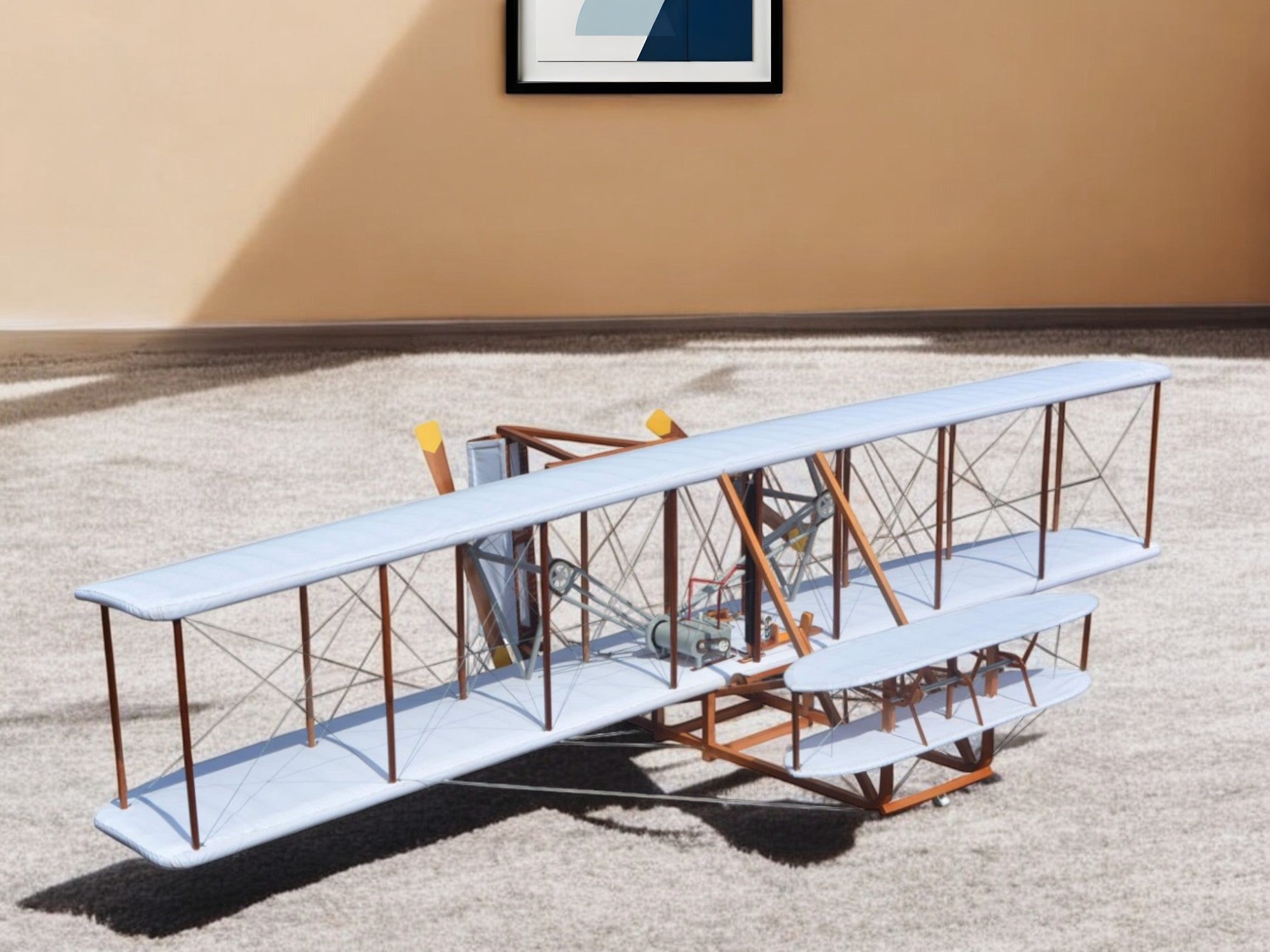 24" Brown and White Solid Wood Hand Painted Model Airplane Tabletop Sculpture-0