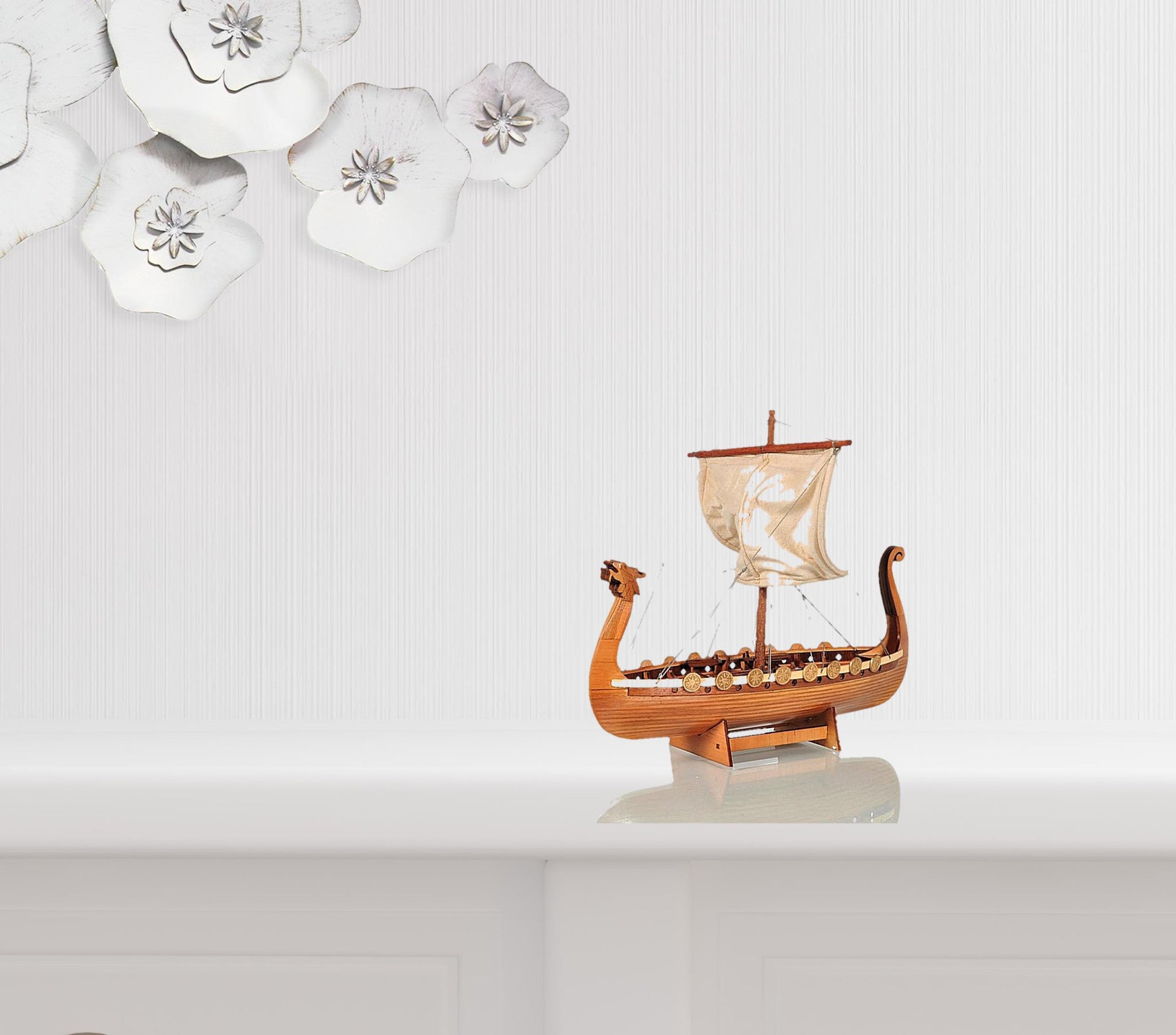 10" Natural Solid Wood Hand Painted Decorative Boat-1