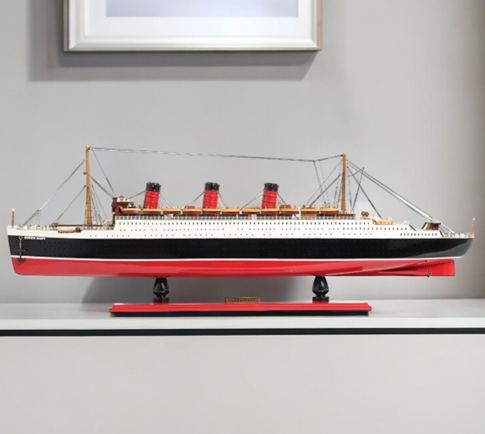 9" Black and Red Solid Wood Hand Painted SS United States 1952 Model Boat-1