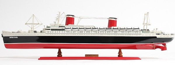 9" Black and Red Solid Wood Hand Painted SS United States 1952 Model Boat-2
