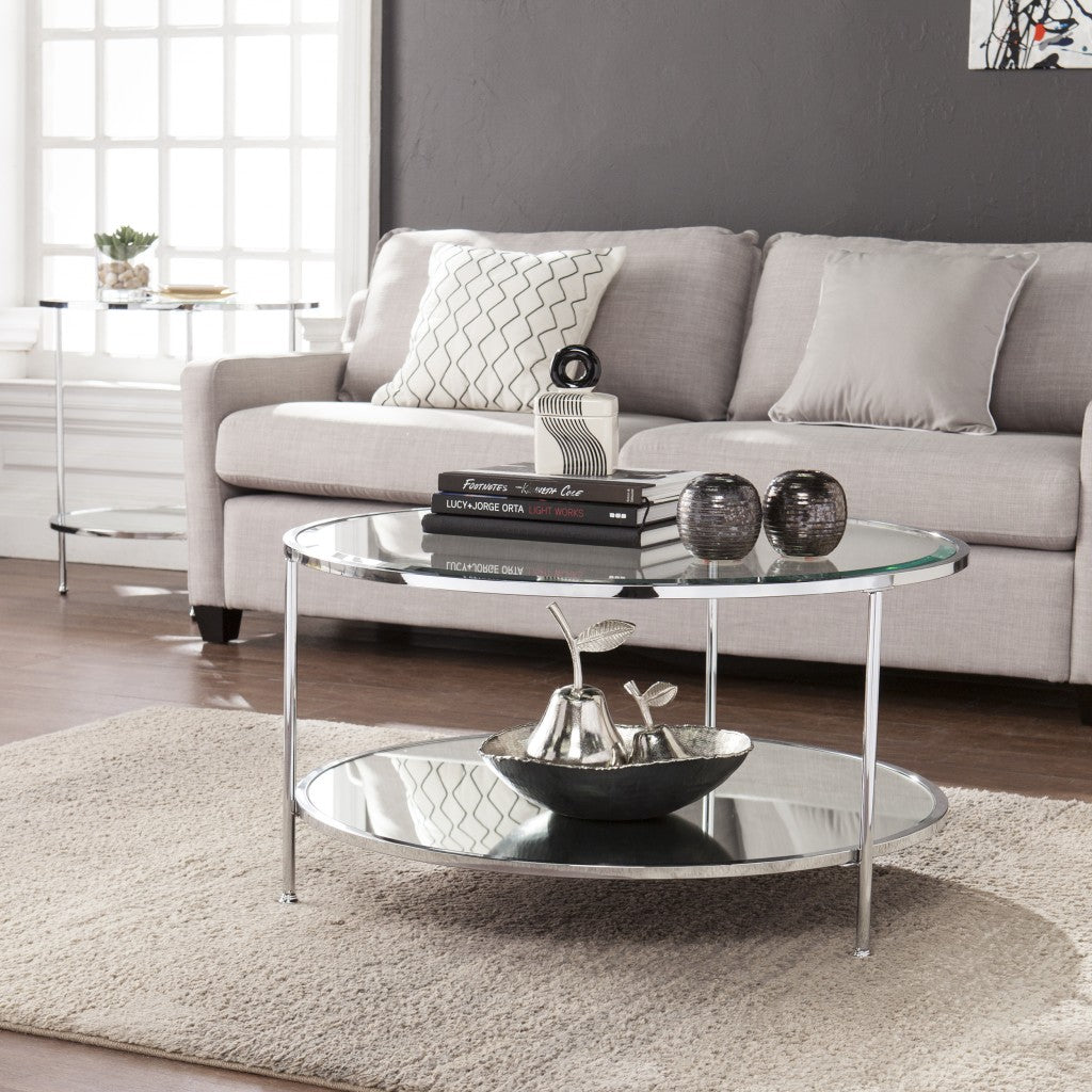 34" Chrome Glass And Metal Round Mirrored Coffee Table-Coffee Tables-DECOROLALA