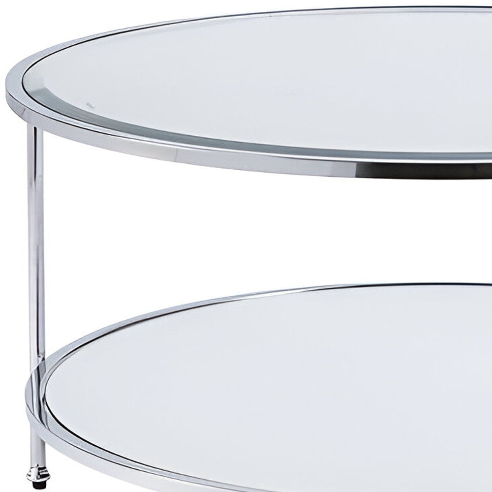 34" Chrome Glass And Metal Round Mirrored Coffee Table-Coffee Tables-DECOROLALA