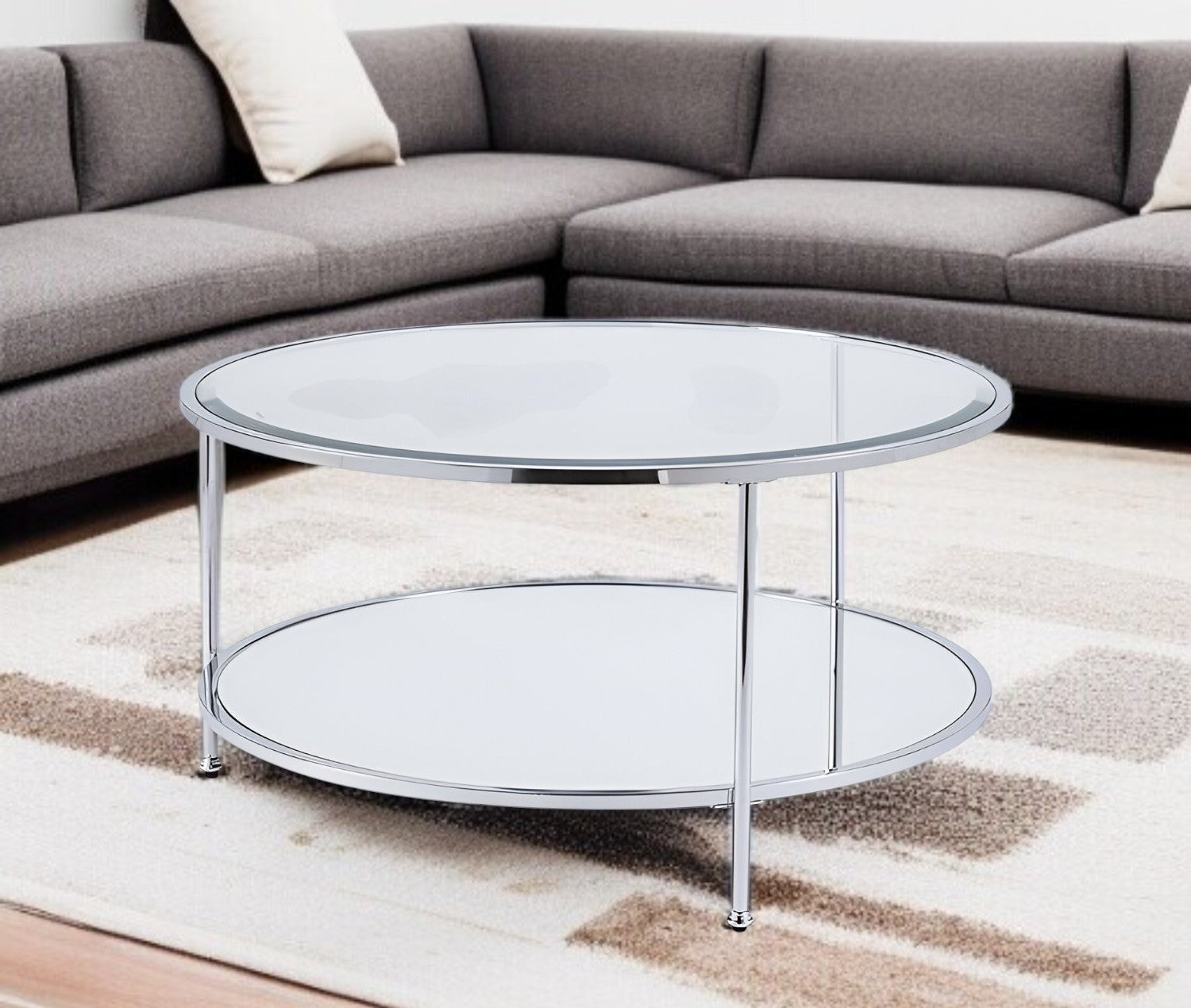 34" Chrome Glass And Metal Round Mirrored Coffee Table-Coffee Tables-DECOROLALA