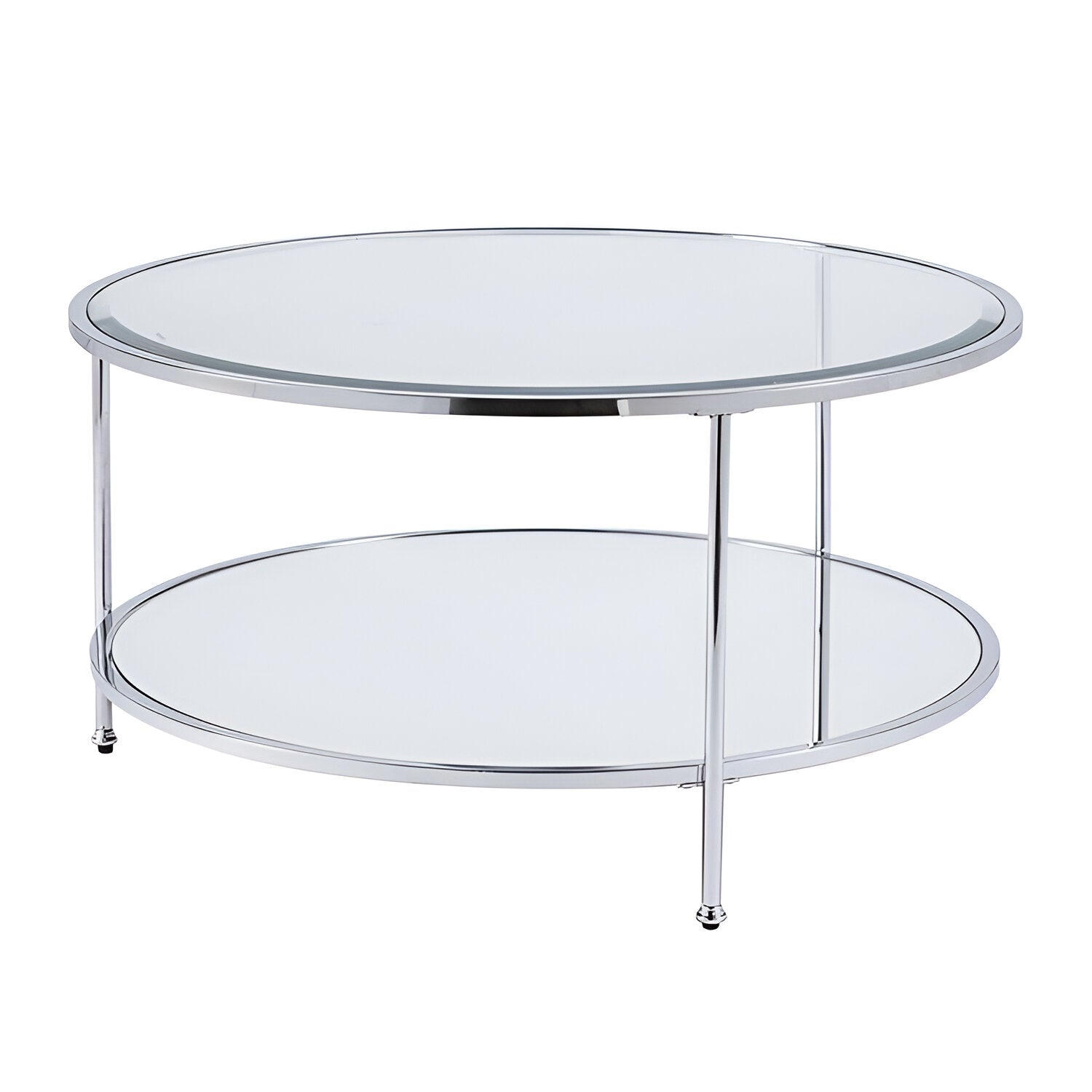 34" Chrome Glass And Metal Round Mirrored Coffee Table-Coffee Tables-DECOROLALA